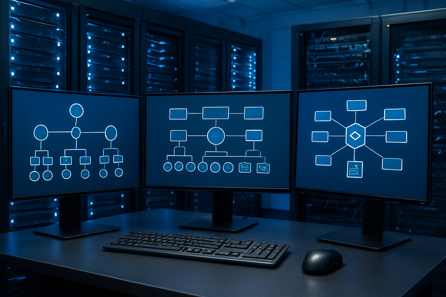Create a realistic image of a modern tech workspace showing Kubernetes architecture visualization with interconnected nodes, pods, and containers displayed on multiple computer monitors, featuring geometric network diagrams with clusters, control planes, and worker nodes represented as connected boxes and circles, surrounded by server racks and networking equipment in a clean data center environment with blue LED lighting, professional atmosphere with sleek metallic surfaces and organized cable management, absolutely NO text should be in the scene.