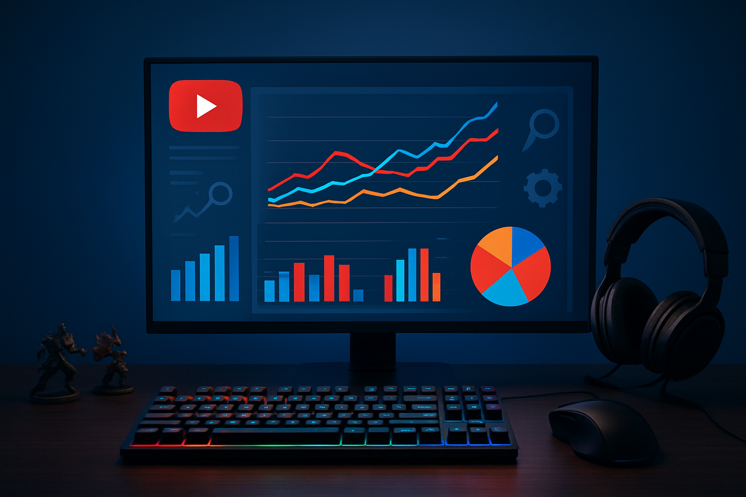 Create a realistic image of a modern computer setup showing a desktop monitor displaying YouTube analytics dashboard with colorful graphs and charts, surrounded by gaming elements like a mechanical keyboard, gaming mouse, headset, and small gaming figurines, with search magnifying glass icon and SEO-related symbols floating subtly around the screen, set against a clean dark blue background with soft ambient lighting from the monitor, absolutely NO text should be in the scene.