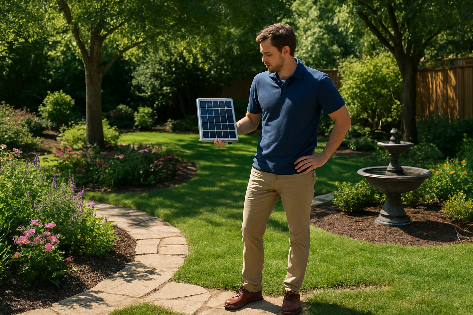 Create a realistic image of a person evaluating different locations in a backyard garden for solar water fountain placement, showing a white male homeowner holding a small solar panel while examining various spots with different sun exposure levels, featuring areas with full sunlight, partial shade under trees, and completely shaded zones, with a beautiful landscaped garden setting including flower beds, pathways, and existing outdoor features, captured during bright daylight with clear shadows indicating sun patterns and optimal lighting conditions for solar efficiency assessment. Absolutely NO text should be in the scene.