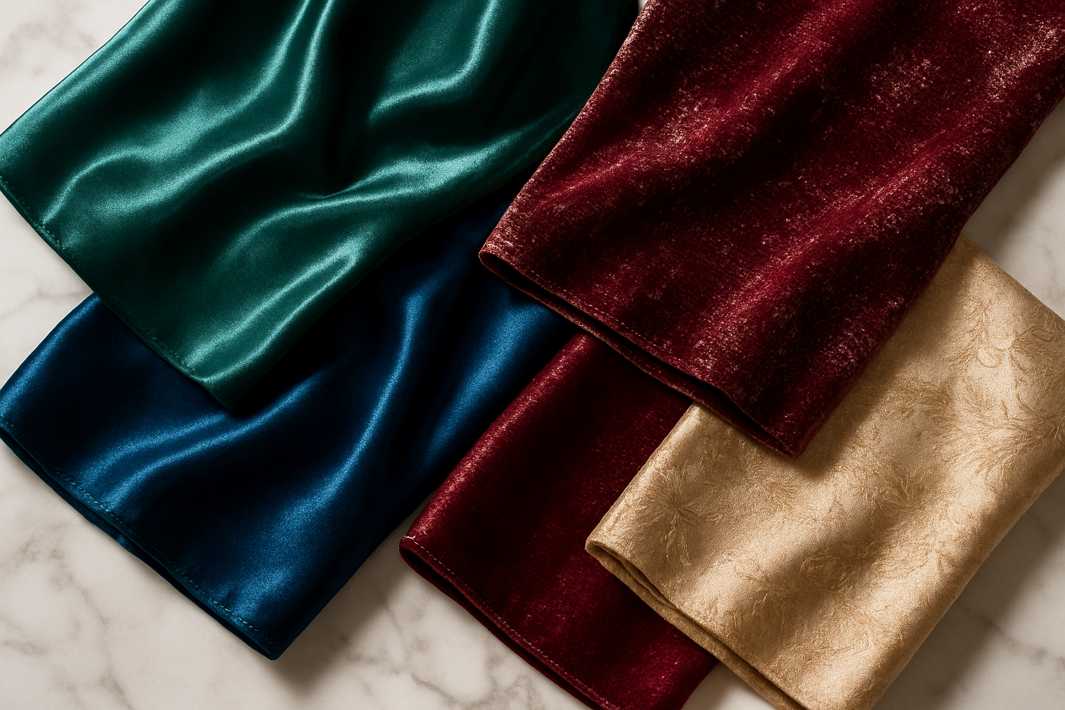 Create a realistic image of various luxurious shiny fabric swatches arranged elegantly on a white marble surface, showing different types of glossy upholstery materials including silk, satin, velvet with metallic threads, and brocade fabrics in rich colors like deep emerald green, royal blue, burgundy, and champagne gold, each fabric sample displaying distinct lustrous textures and light-reflecting properties, with soft natural lighting from above creating beautiful highlights and shadows that emphasize the shimmer and gleam of each material, shot from a slight overhead angle to showcase the variety and quality of the premium sofa fabrics, absolutely NO text should be in the scene.