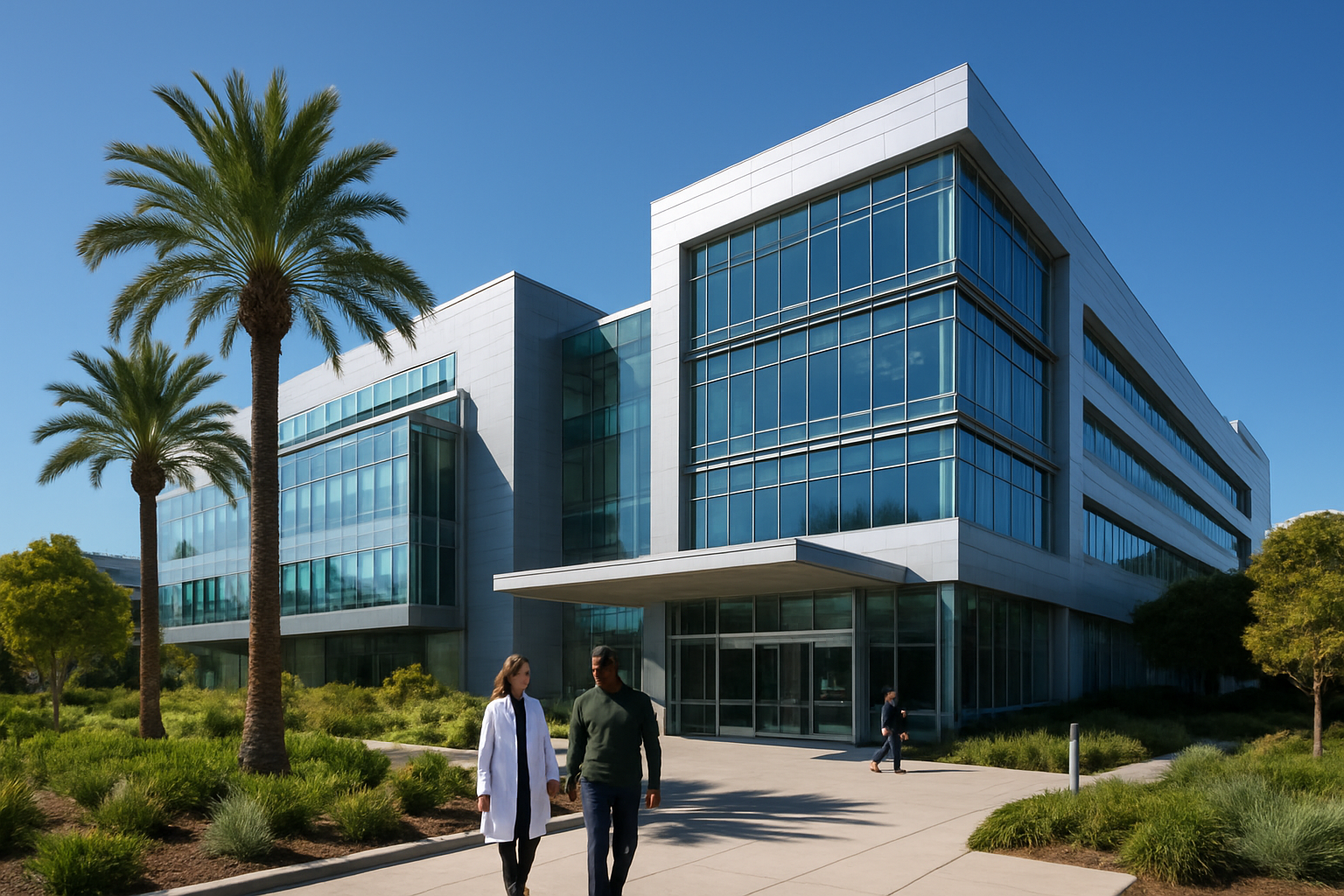 Create a realistic image of a modern medical campus building exterior showing the UCSF Helen Diller Family Comprehensive Cancer Center in San Francisco, featuring contemporary glass and steel architecture with clean geometric lines, surrounded by well-maintained landscaping with palm trees and greenery typical of San Francisco, clear blue sky in the background, professional medical facility signage visible on the building, wheelchair accessible entrance with automatic doors, a few people including a white female doctor in a white coat and a black male patient walking near the entrance, bright natural daylight creating a welcoming and hopeful atmosphere, absolutely NO text should be in the scene.