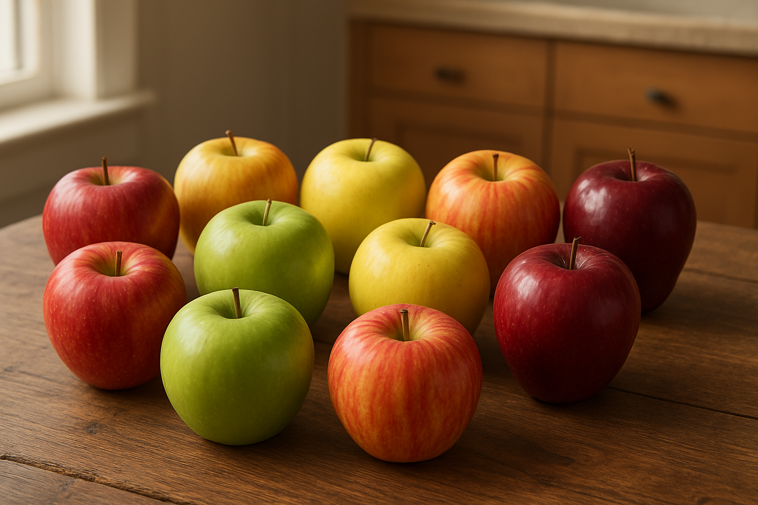 Create a realistic image of a diverse collection of different apple varieties arranged on a rustic wooden table, showcasing red Gala apples, bright green Granny Smith apples, yellow Golden Delicious apples, striped Honeycrisp apples, and deep red Red Delicious apples, each variety clearly displaying their unique colors, textures, and shapes, with soft natural lighting from a nearby window creating gentle shadows, set against a clean kitchen background with warm wood tones, absolutely NO text should be in the scene.