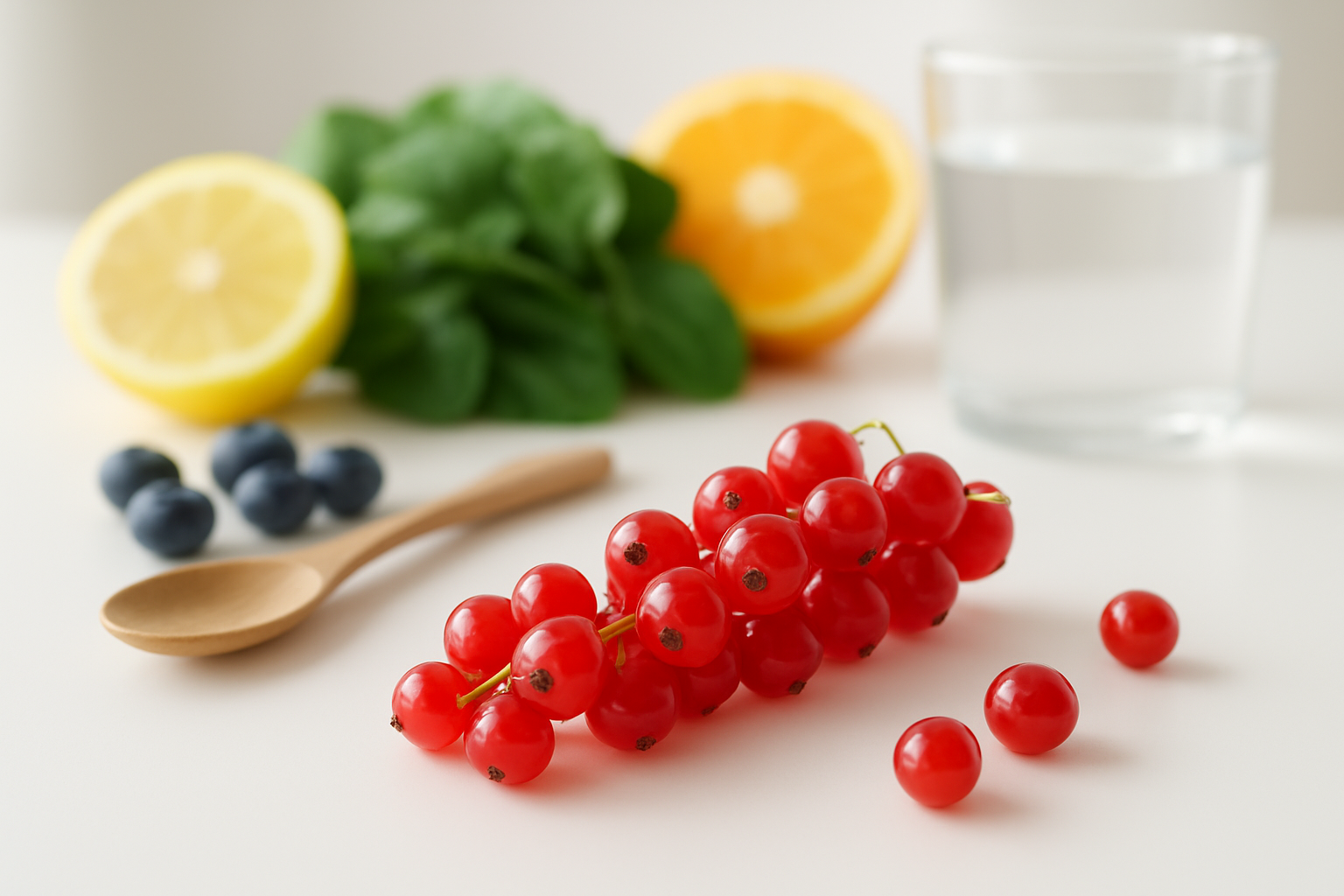 Create a realistic image of fresh red currants arranged on a clean white surface with a variety of colorful fruits and vegetables in the background including blueberries, spinach leaves, and citrus slices, natural lighting highlighting the vibrant red translucent berries still attached to their stems, with subtle hints of health and nutrition symbols like a wooden spoon and glass of water nearby, soft morning light creating gentle shadows, clean minimalist composition emphasizing the superfood concept through the fresh organic appearance of the produce, absolutely NO text should be in the scene.