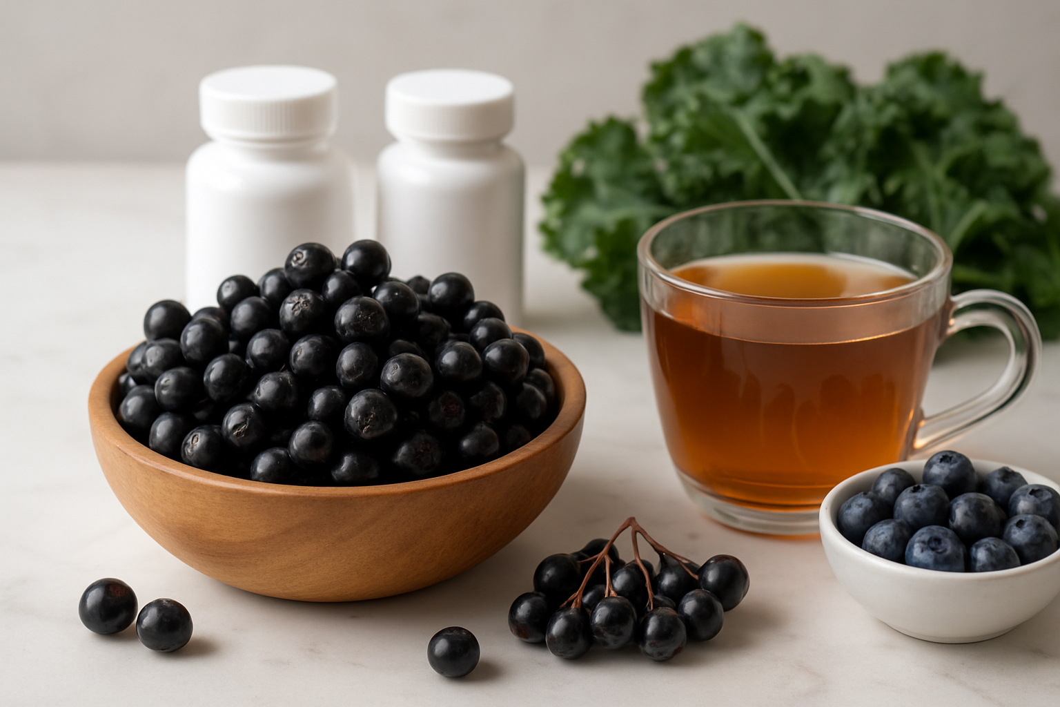 Create a realistic image of fresh black chokeberries in a wooden bowl alongside natural health symbols including vitamin bottles, herbal tea in a clear glass cup, antioxidant-rich foods like blueberries and dark leafy greens, with soft natural lighting on a clean white marble surface, conveying wellness and natural medicine benefits, absolutely NO text should be in the scene.
