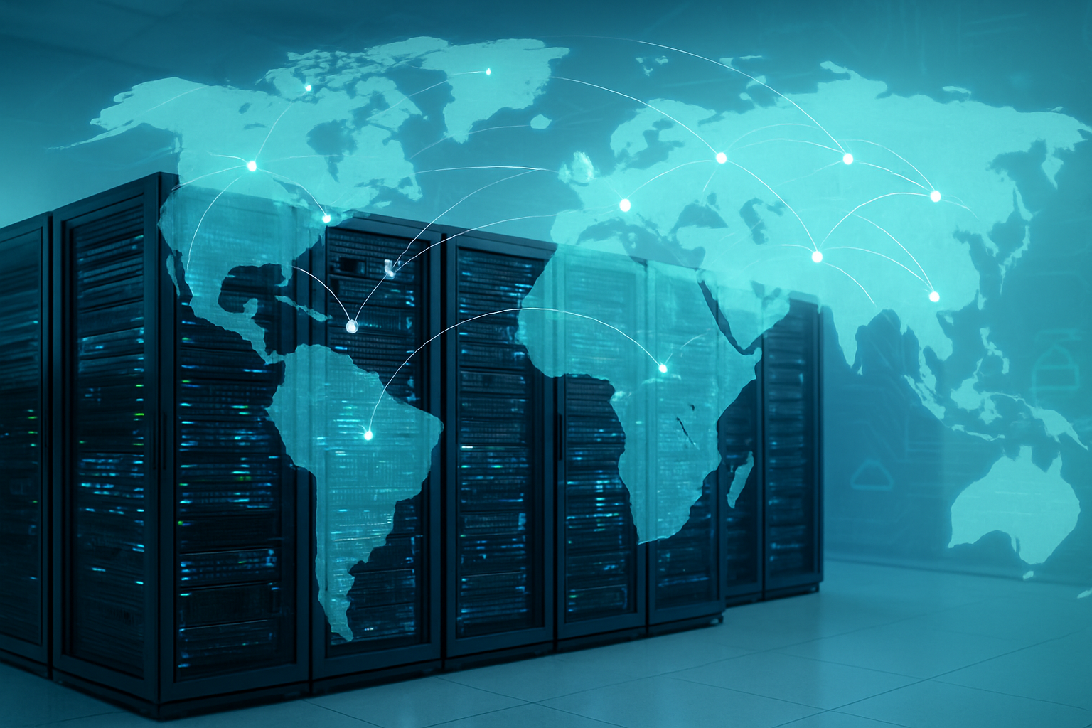 Create a realistic image of a modern global data center facility with servers and networking equipment in the foreground, surrounded by a translucent world map overlay showing interconnected nodes and data flow paths between different continents, with soft blue and green digital lighting emanating from the server racks, set against a clean technological background featuring subtle circuit board patterns and cloud symbols, conveying a sense of secure, distributed, and strategically positioned digital infrastructure, with a professional and forward-looking atmosphere enhanced by cool ambient lighting, absolutely NO text should be in the scene.