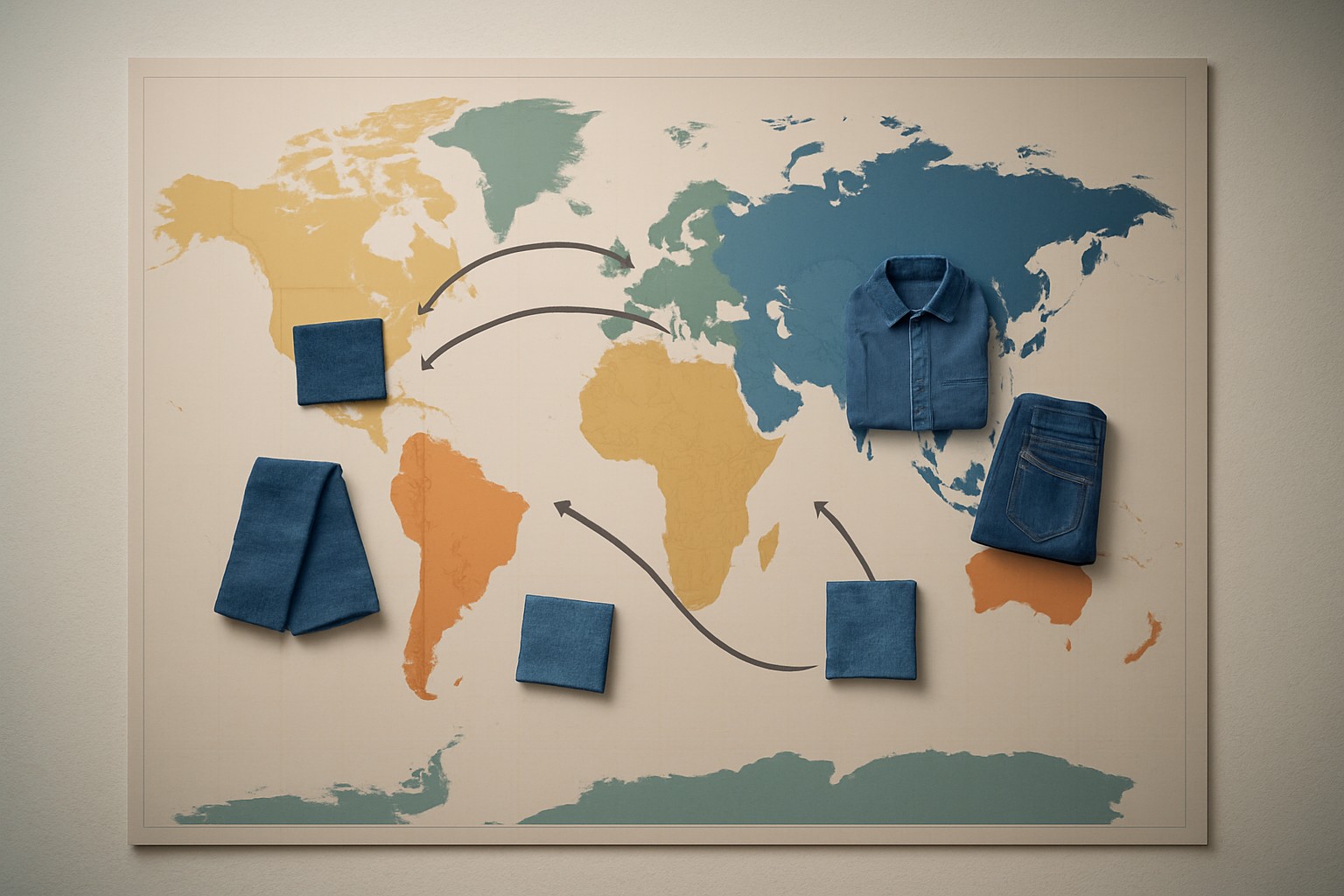 Create a realistic image of a world map with multiple continents highlighted in different colors showing strategic market penetration, with small denim fabric swatches and clothing items scattered across various continental regions, professional business atmosphere with clean modern lighting, sophisticated color scheme of blues and earth tones, arrows or connection lines linking different continents to suggest global trade routes, absolutely NO text should be in the scene.