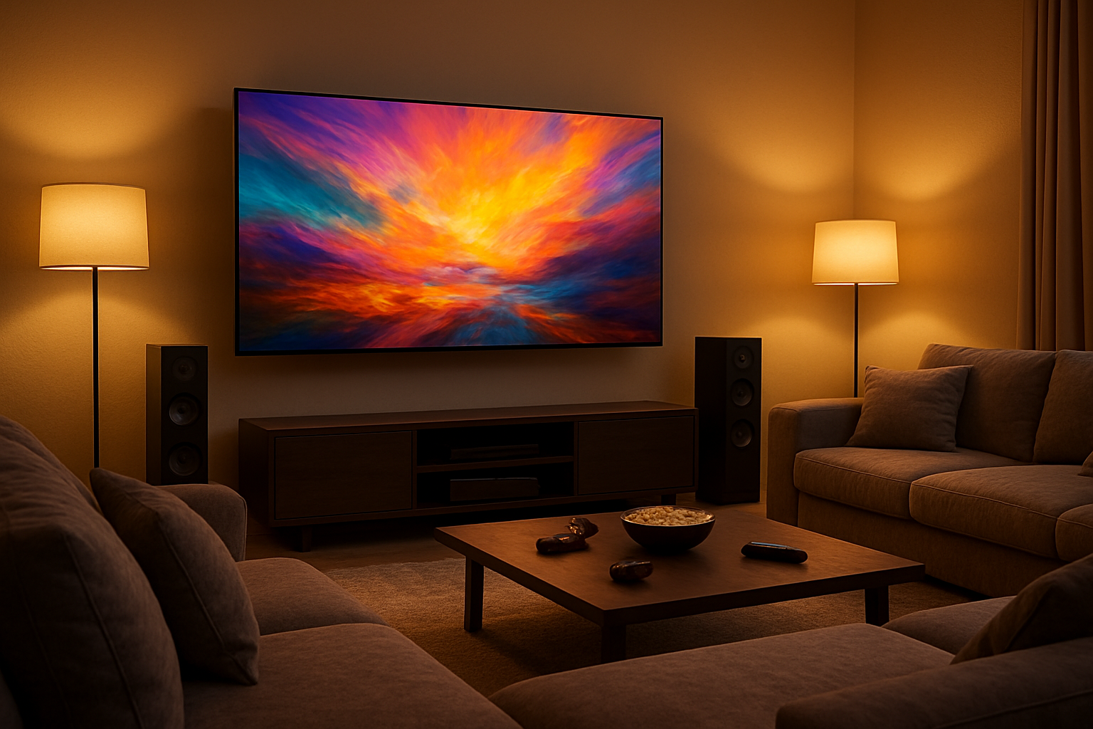 Create a realistic image of a modern living room scene showing a large wall-mounted television displaying vibrant content with a comfortable seating area including a plush sectional sofa, the room features warm ambient lighting with soft golden tones, sleek entertainment center with premium speakers, a coffee table with scattered remotes and snacks, the atmosphere conveys comfort and luxury with subtle lighting from floor lamps and the glow from the big screen creating an inviting home theater environment, shot from a three-quarter angle showing the full setup, absolutely NO text should be in the scene.