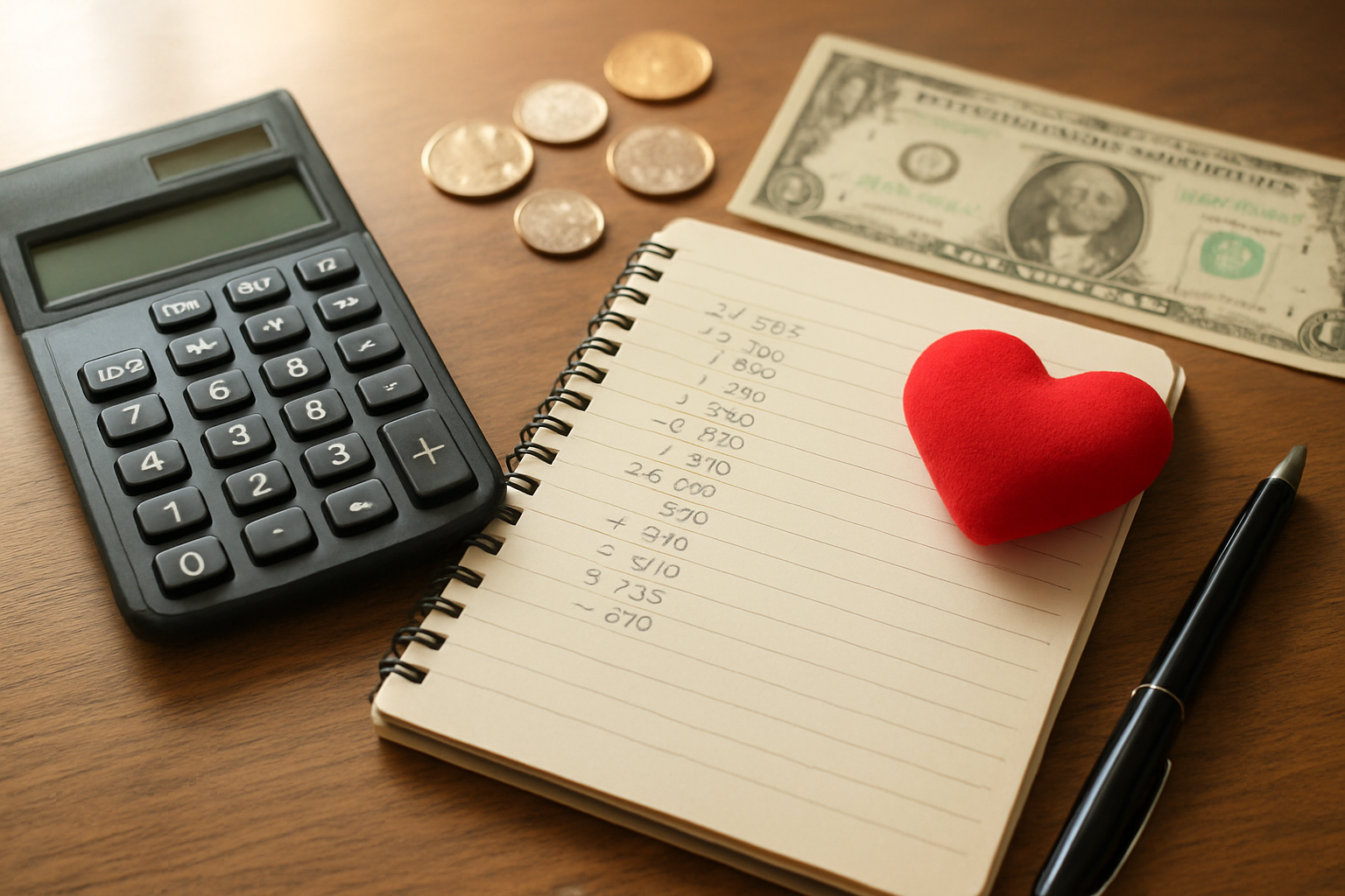 Create a realistic image of a calculator, a notebook with handwritten budget calculations, scattered dollar bills and coins, a red heart-shaped object, and a pen arranged on a wooden desk surface with soft natural lighting from a window, creating a warm and organized atmosphere that suggests financial planning for a romantic occasion, absolutely NO text should be in the scene.