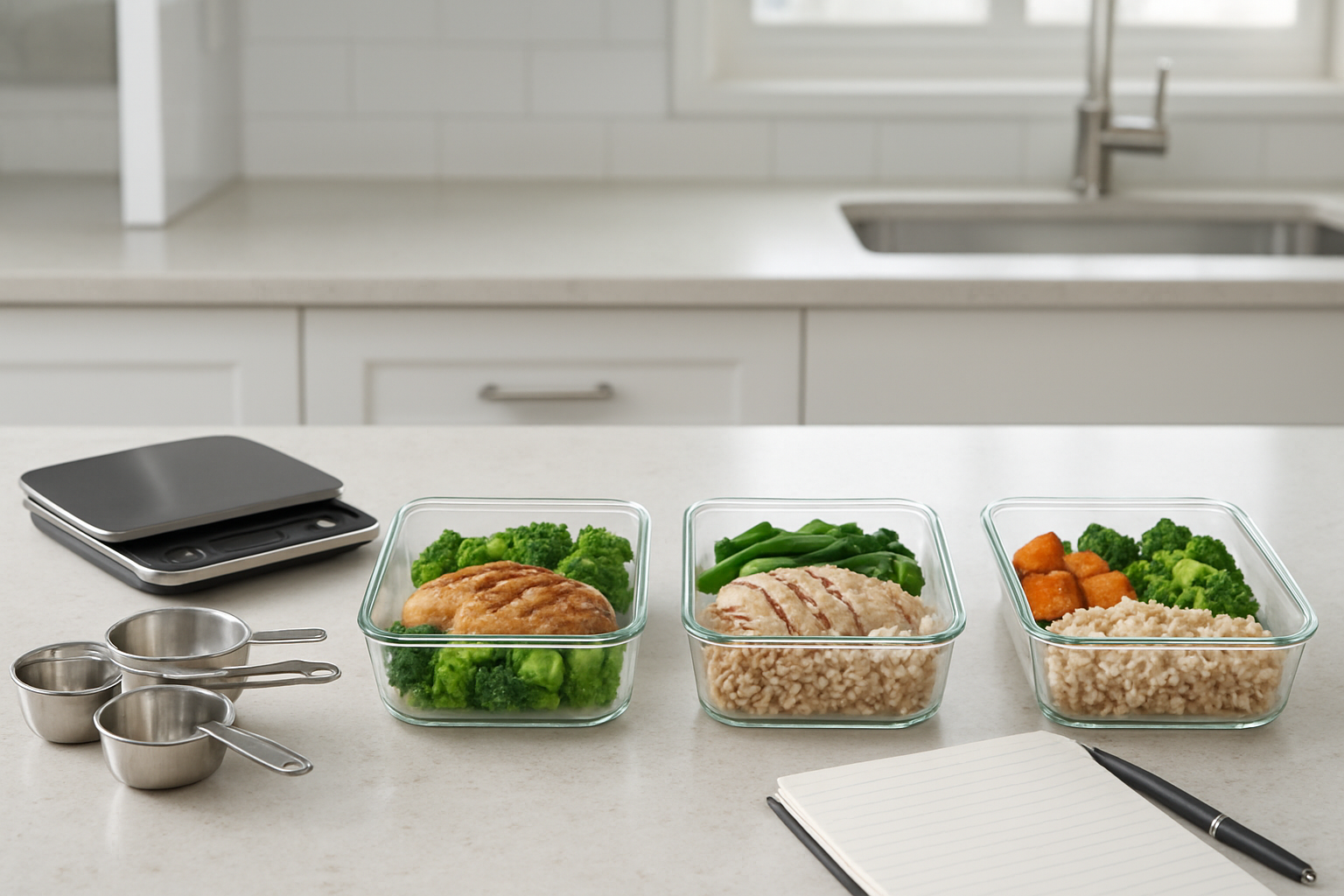Create a realistic image of a kitchen counter with perfectly portioned meals arranged in glass meal prep containers, showing a progression from left to right of different healthy meals with appropriate serving sizes, including measured portions of protein, vegetables, and grains, with a digital kitchen scale, measuring cups, and a nutrition journal nearby, set in a clean modern kitchen with natural lighting from a window, creating a calm and organized atmosphere that represents sustainable healthy eating habits, absolutely NO text should be in the scene.