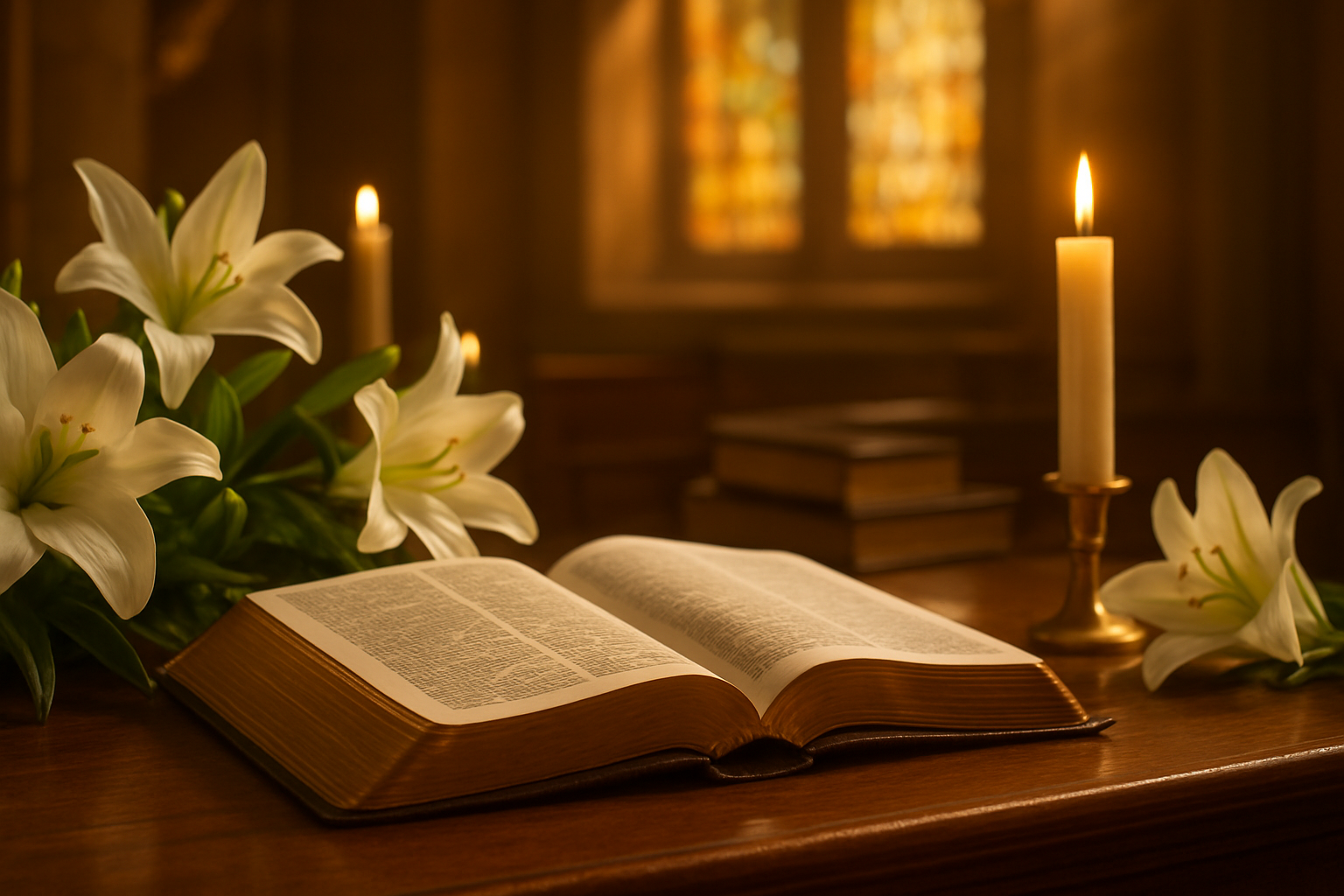 Create a realistic image of an open leather-bound Bible with worn golden edges placed on a wooden church altar, surrounded by Easter lilies and soft candlelight, with hymnal books partially visible in the background, warm golden lighting filtering through stained glass windows creating a reverent and sacred atmosphere in a traditional church setting, morning sunlight casting gentle shadows across the scene. Absolutely NO text should be in the scene.