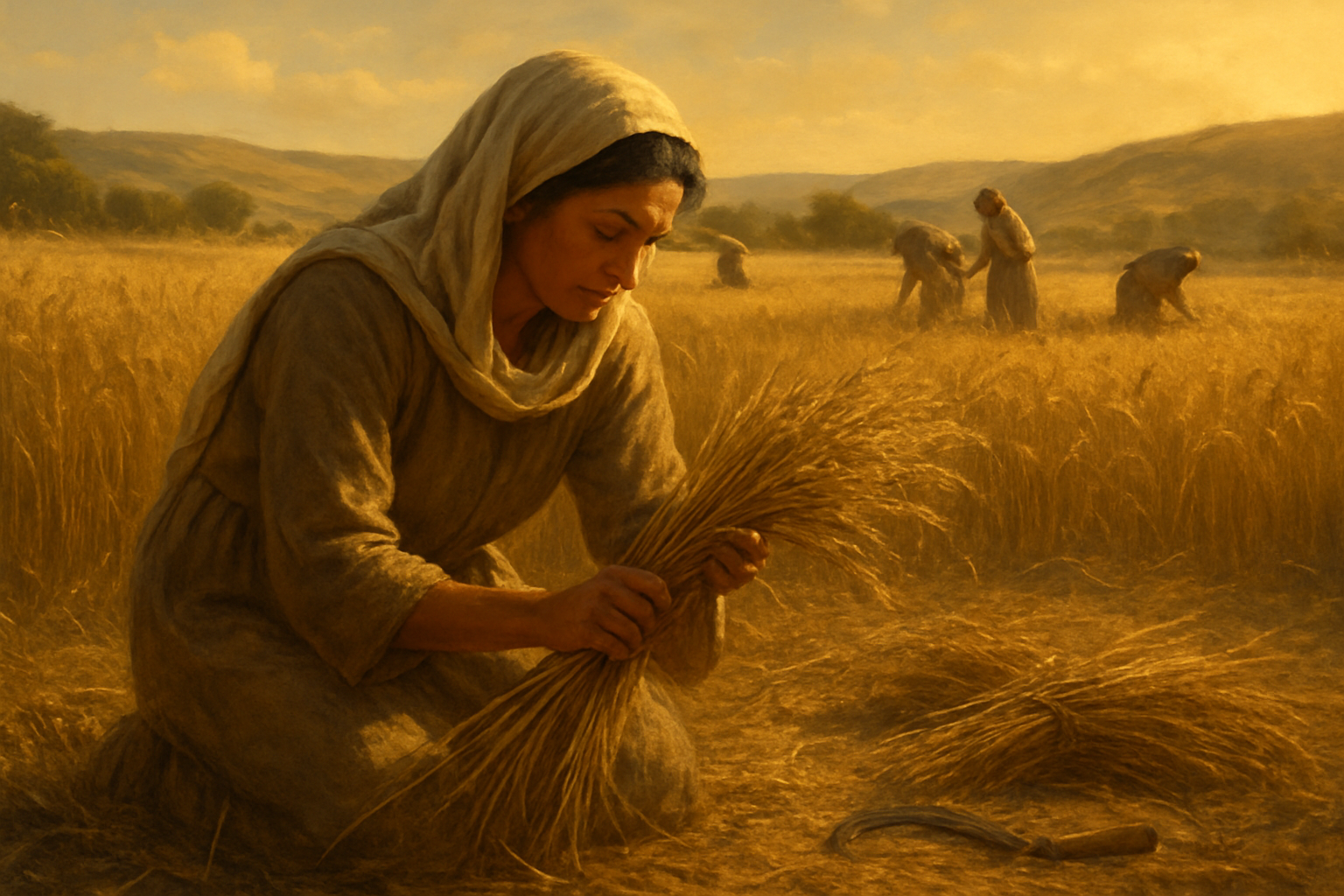 Create a realistic image of a middle-eastern woman in biblical-era clothing working diligently in a golden wheat field during harvest time, her posture showing dedication and integrity as she carefully gathers grain stalks, with other workers visible in the background, warm golden hour lighting casting long shadows across the pastoral landscape, conveying themes of faithfulness and moral character through consistent actions, with rolling hills and ancient farming tools scattered nearby. Absolutely NO text should be in the scene.