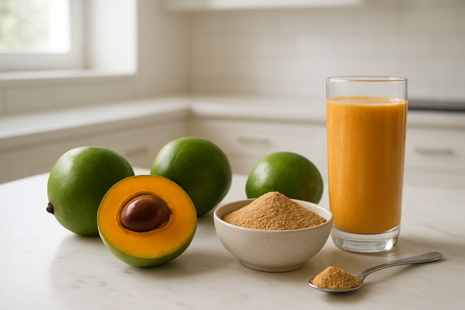 Create a realistic image of a modern kitchen counter with various lucuma fruits and lucuma-based products arranged naturally, including whole fresh lucuma fruits with their green skin, sliced lucuma showing the bright orange flesh, a bowl of lucuma powder, a smoothie glass with orange-colored drink, and a spoon with lucuma powder, set against a clean white kitchen background with soft natural lighting from a nearby window, creating a healthy lifestyle atmosphere. Absolutely NO text should be in the scene.
