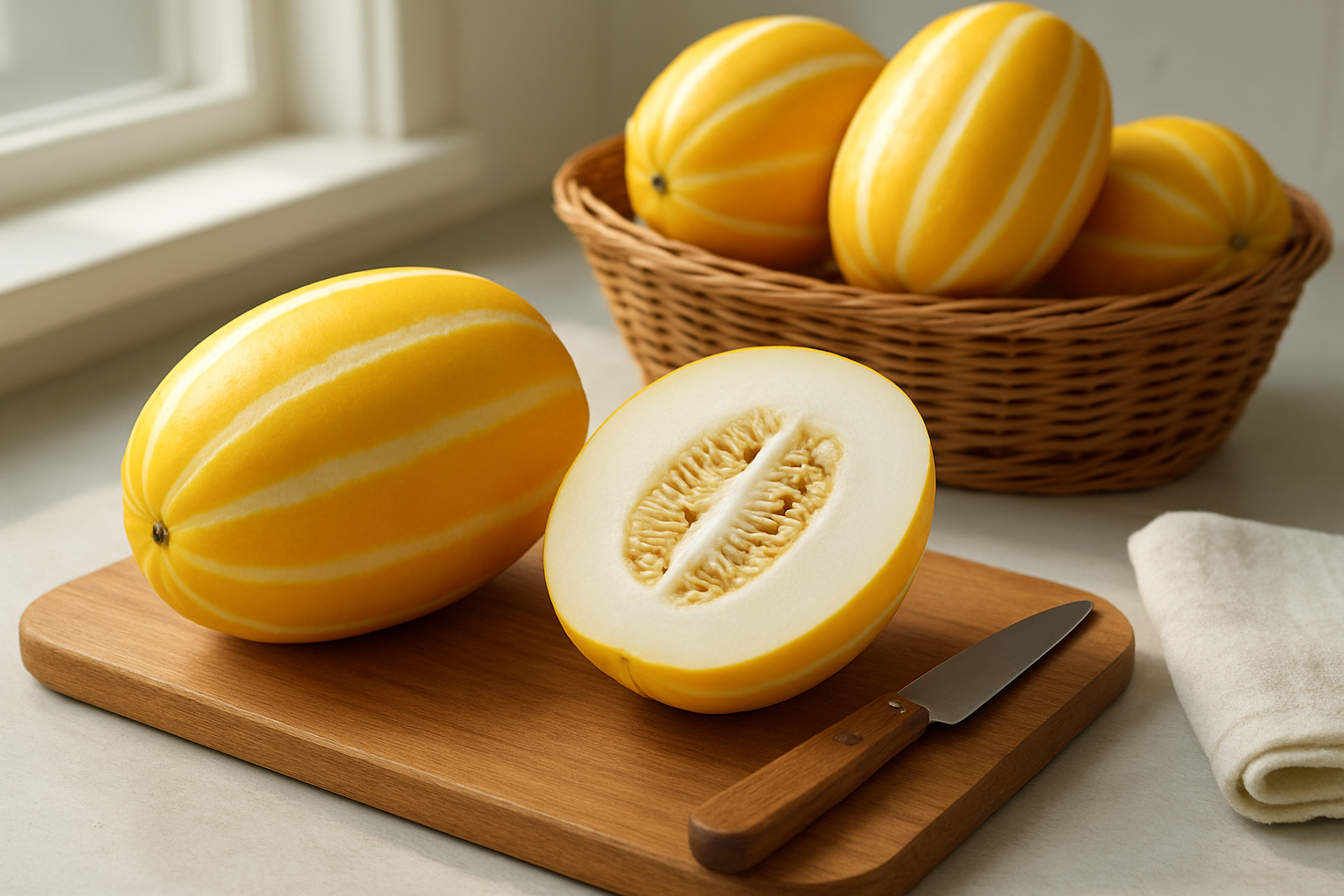 Create a realistic image of fresh Korean melons (chamoe) displayed on a wooden cutting board, with one whole yellow striped melon prominently featured alongside a perfectly cut half showing the white flesh and seed cavity, surrounded by additional whole melons in a wicker basket, set in a bright, clean kitchen environment with natural daylight streaming through a window, creating soft shadows that highlight the melons' distinctive yellow skin with white stripes, accompanied by a small knife and clean kitchen towel, conveying the essence of proper selection and storage techniques, absolutely NO text should be in the scene.