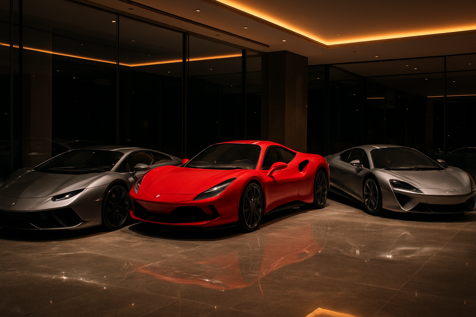 Create a realistic image of three exotic luxury supercars including a sleek Lamborghini, Ferrari, and McLaren parked in an elegant showroom with polished marble floors and modern glass architecture, soft ambient lighting highlighting the vehicles' premium finishes and aerodynamic curves, with subtle golden accent lighting creating an upscale investment atmosphere, absolutely NO text should be in the scene.