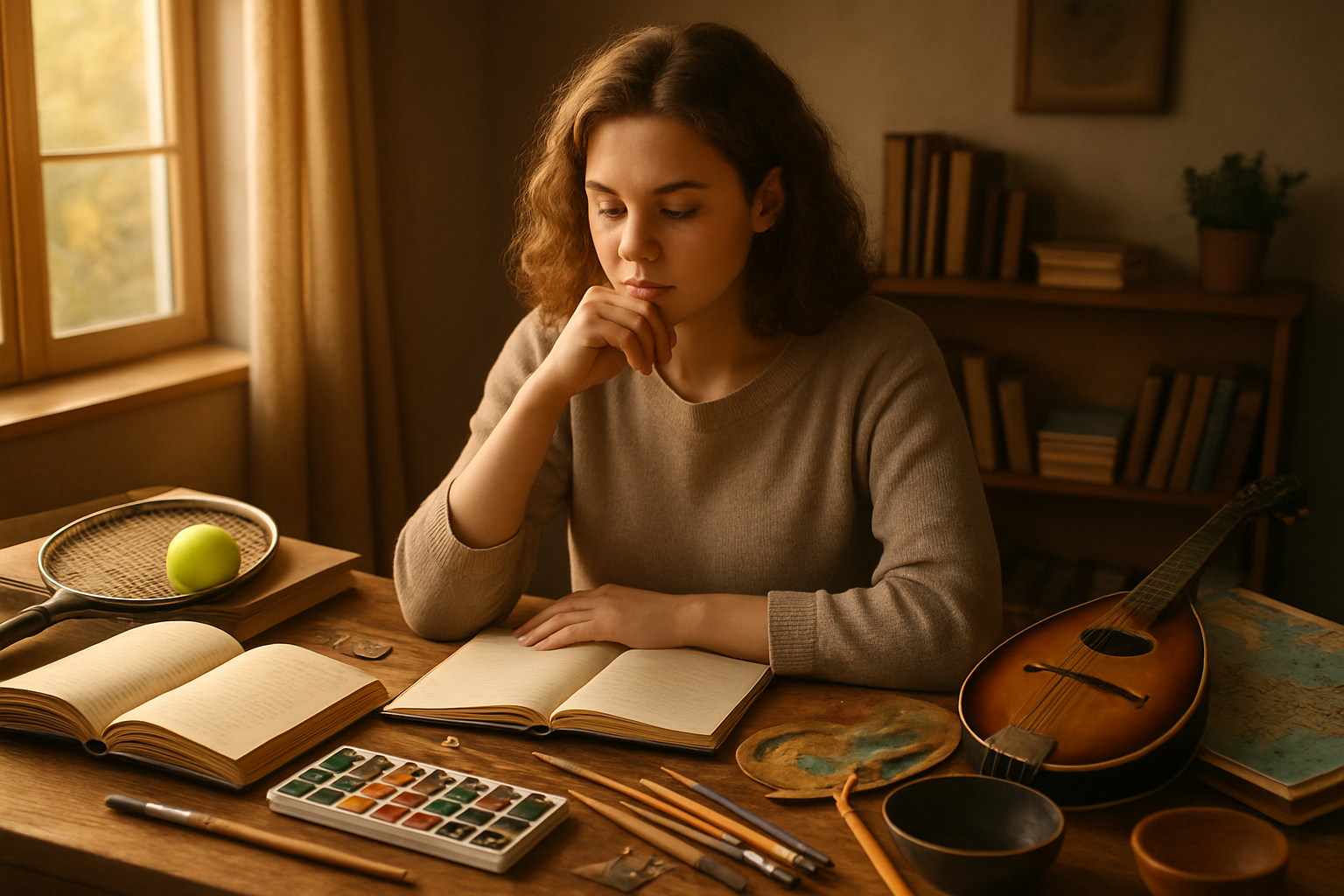 Create a realistic image of a thoughtful white female sitting at a cozy wooden desk surrounded by various personality and interest indicators including books, art supplies, sports equipment, musical instruments, travel maps, cooking utensils, and hobby materials scattered around her, with warm golden lighting from a nearby window creating an intimate atmosphere as she appears to be contemplating and analyzing different interests, with a peaceful and reflective mood in a comfortable home setting, absolutely NO text should be in the scene.