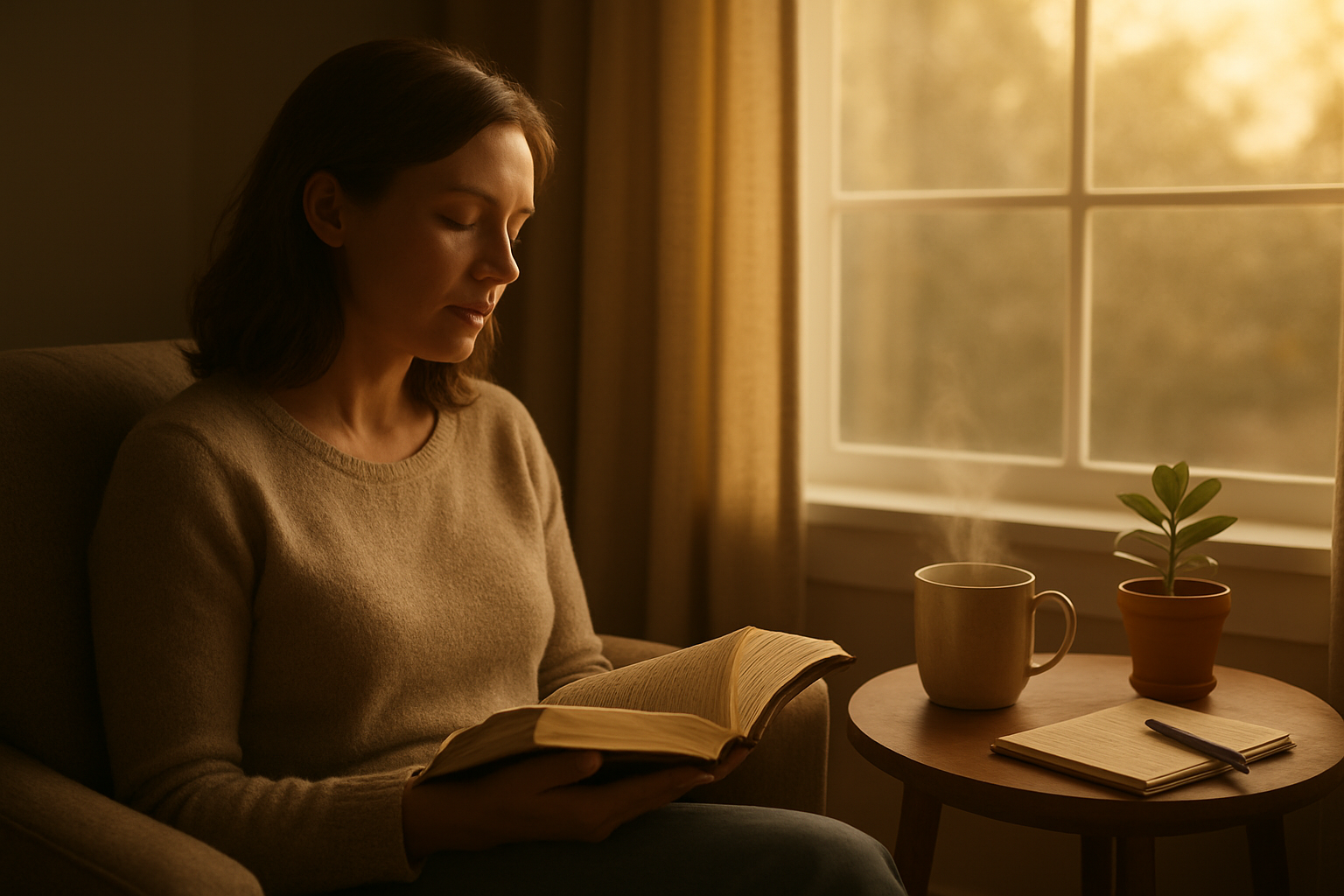 Create a realistic image of a peaceful morning scene showing a white female in her 30s sitting in a cozy reading nook by a large window, holding an open Bible or devotional book, with a steaming cup of coffee on a small side table, soft golden sunlight streaming through the window illuminating her serene face, a small potted plant and journal with pen nearby, creating a calm atmosphere of spiritual reflection and daily discipline, shot from a slightly angled perspective to show both her contemplative expression and the organized, intentional setup of her spiritual practice space, with warm natural lighting and muted earth tones throughout the scene, absolutely NO text should be in the scene.