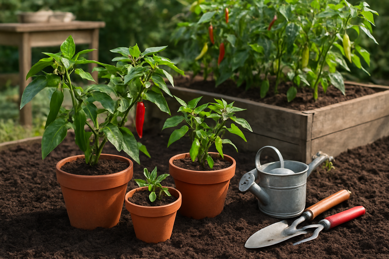 Create a realistic image of a home garden scene showing chili pepper plants in various stages of growth in terra cotta pots and raised garden beds, with gardening tools like a small watering can, pruning shears, and hand trowel arranged nearby, rich dark soil visible, green chili pepper plants with small white flowers and developing peppers in different colors from green to red, bright natural daylight creating soft shadows, a wooden garden table or potting bench in the background, capturing the essence of practical home cultivation. Absolutely NO text should be in the scene.