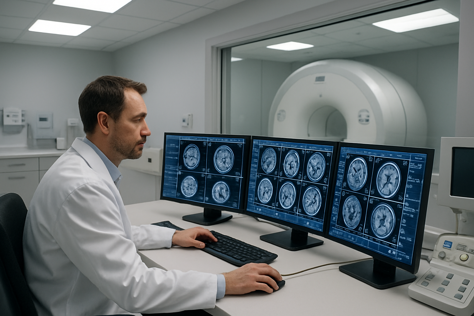 Create a realistic image of a modern MRI control room showing multiple computer monitors displaying brain scan sequences with technical parameter settings, featuring an MRI machine visible through a glass window in the background, a white male radiologist in a white coat reviewing the scans at the workstation, clean medical facility lighting with bright fluorescent overhead lights, professional healthcare environment with medical equipment and control panels, absolutely NO text should be in the scene.