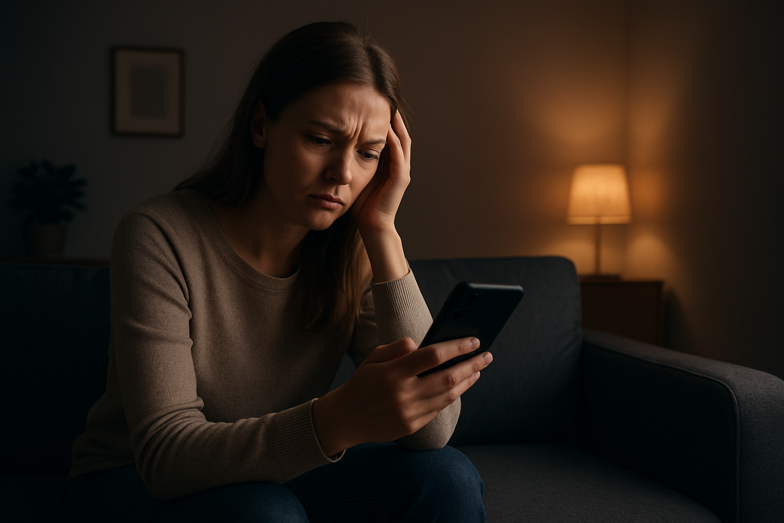 Create a realistic image of a white female sitting alone on a modern couch looking at her smartphone with a confused and disappointed expression, the phone screen showing an empty message conversation with read receipts, the room has dim evening lighting creating a melancholic atmosphere, soft shadows fall across the room with minimalist decor in the background, the woman appears to be waiting for a response that never comes, the scene conveys the emotional weight of being ignored in digital communication, absolutely NO text should be in the scene.