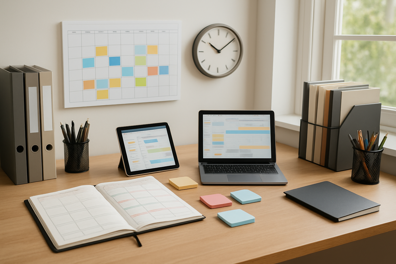 Create a realistic image of a professional woman's organized workspace featuring a sleek desk with multiple time management tools including a detailed planner, color-coded calendar, digital tablet displaying scheduling apps, sticky notes arranged systematically, and a laptop showing productivity software, complemented by organized filing systems, a modern clock, and office supplies neatly arranged in containers, set against a bright, well-lit home office environment with natural lighting streaming through a window, conveying efficiency and professional organization, absolutely NO text should be in the scene.