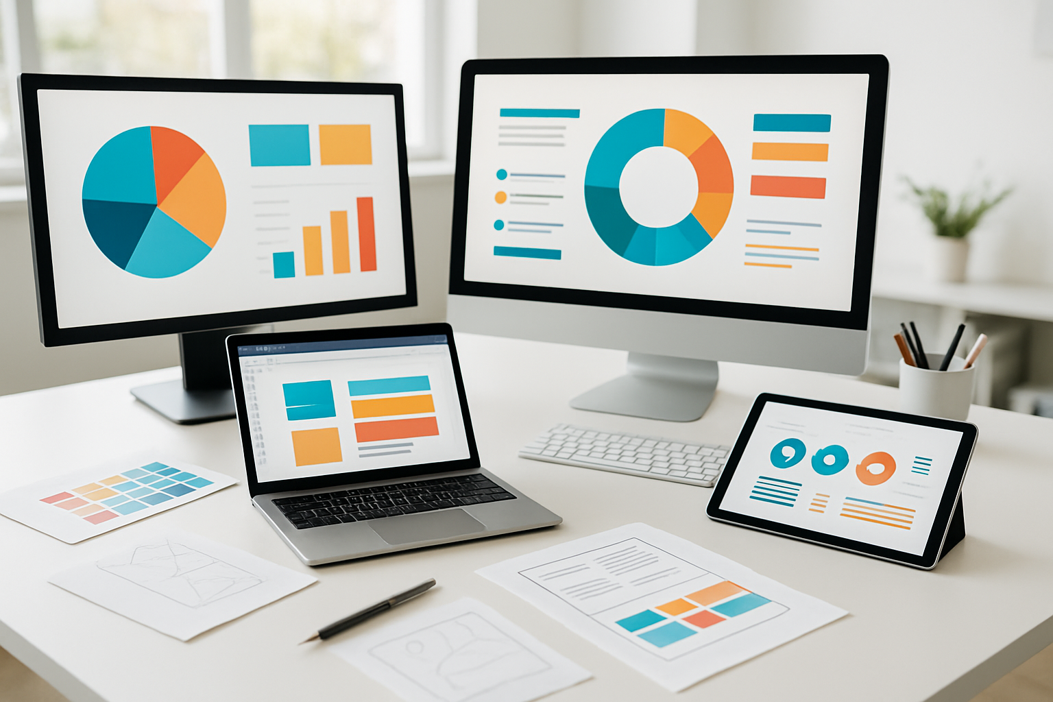 Create a realistic image of a modern workspace showing multiple digital screens displaying colorful presentation slides, infographic templates, and visual design elements, with design tools and a laptop open to a presentation software interface, surrounded by creative materials like color palettes and sketches, set in a bright, well-lit contemporary office environment with clean white desk surfaces and natural lighting from windows, absolutely NO text should be in the scene.