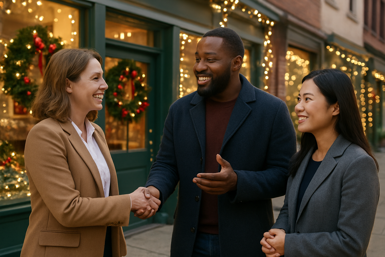 Create a realistic image of a diverse group including a white female business owner, black male community leader, and Asian female organization representative standing together outside a decorated local storefront with Christmas wreaths and lights, shaking hands and discussing community Christmas collaboration, with other small businesses visible in the background showing holiday decorations, warm evening lighting creating a welcoming community atmosphere, absolutely NO text should be in the scene.