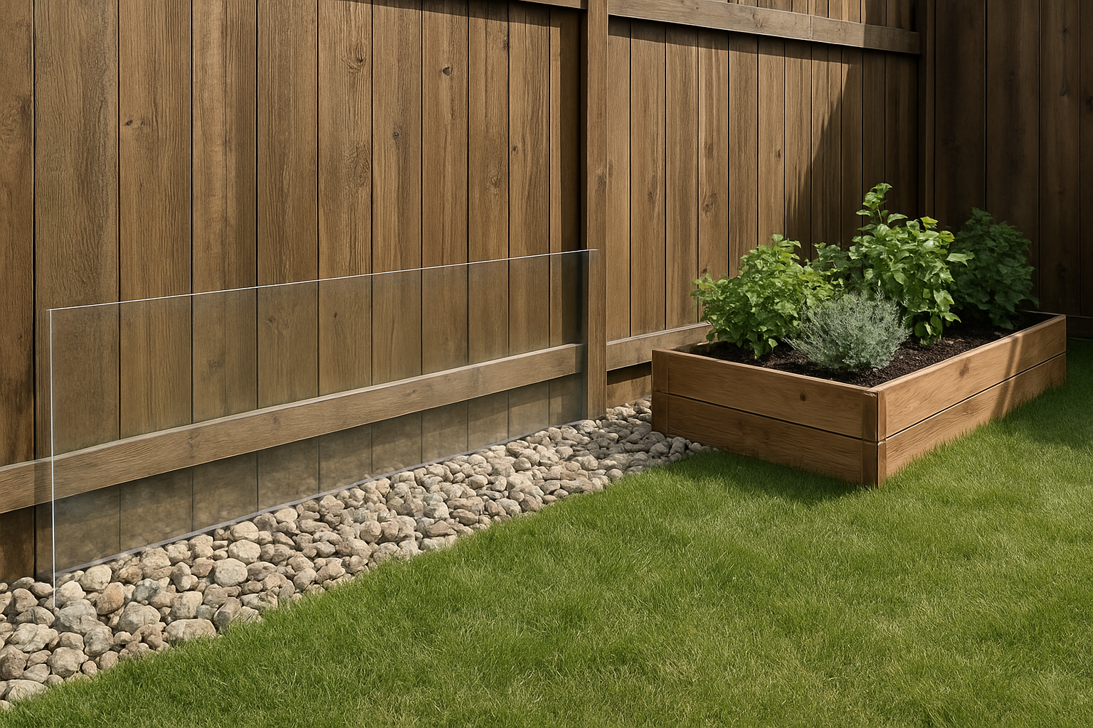 Create a realistic image of a backyard scene showing various physical modifications installed near a wooden fence to prevent dog urine splash, including a splash guard barrier made of clear plastic or acrylic material mounted at the base of the fence, decorative rocks or gravel arranged along the fence line, and a small raised garden bed with plants positioned strategically to redirect splash, with a well-maintained lawn in the background under natural daylight lighting, absolutely NO text should be in the scene.