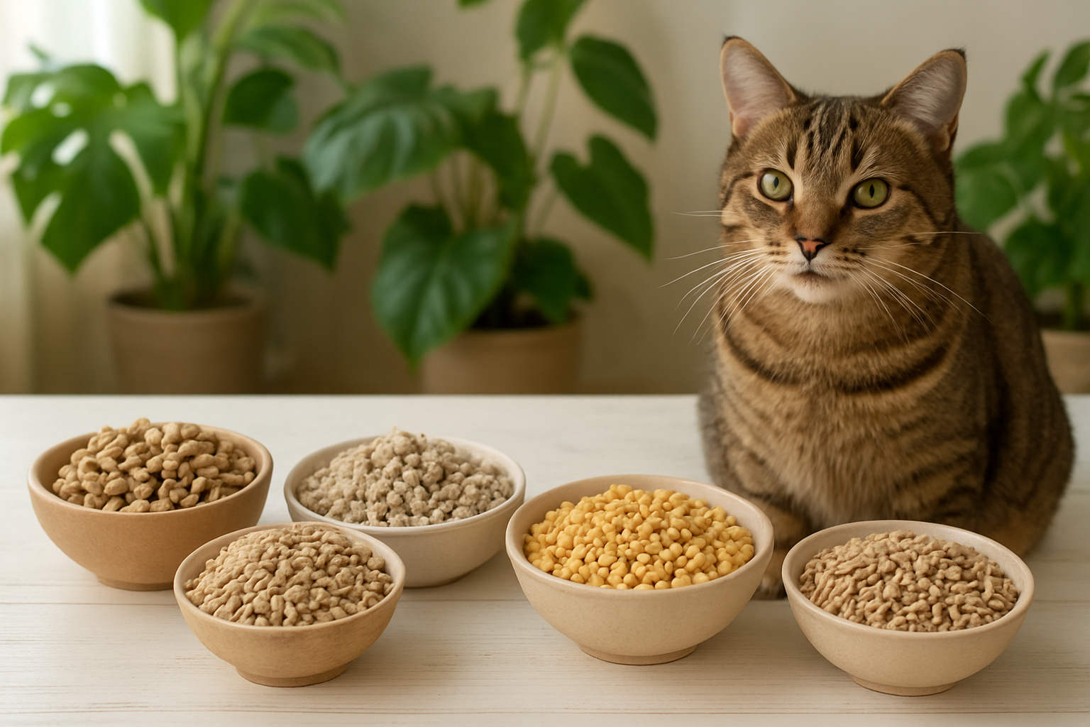 Create a realistic image of various eco-friendly cat litter alternatives displayed on a clean white wooden table, including wood pellets in a small bowl, recycled paper litter in another bowl, corn-based litter in a third bowl, and wheat-based litter in a fourth bowl, with a content tabby cat sitting nearby on the floor, surrounded by green plants in the background suggesting environmental benefits, soft natural lighting from a window, peaceful domestic setting, absolutely NO text should be in the scene.