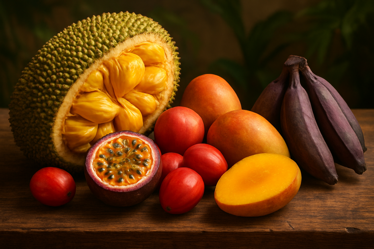 Create a realistic image of exotic Ugandan fruits arranged artistically on a rustic wooden table, featuring jackfruit with its spiky exterior and golden flesh exposed, passion fruits cut in half showing vibrant orange pulp with black seeds, bright red tree tomatoes, yellow-orange mangoes with rich flesh visible, and purple-skinned matoke bananas, all displaying their unique textures and vivid natural colors against a warm, softly lit background with tropical foliage subtly blurred in the distance, emphasizing the rich sensory experience and authentic local character of these distinctive fruits, absolutely NO text should be in the scene.