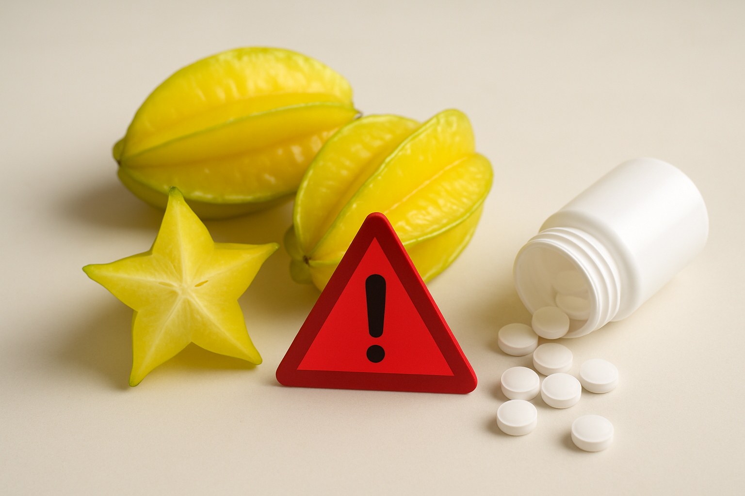 Create a realistic image of fresh yellow starfruit (carambola) arranged on a clean white surface with a red warning triangle symbol prominently displayed nearby, alongside a medicine bottle with prescription pills spilled out, suggesting caution about drug interactions, with soft natural lighting from above creating gentle shadows, and a neutral background that emphasizes the safety message without being alarming, absolutely NO text should be in the scene.