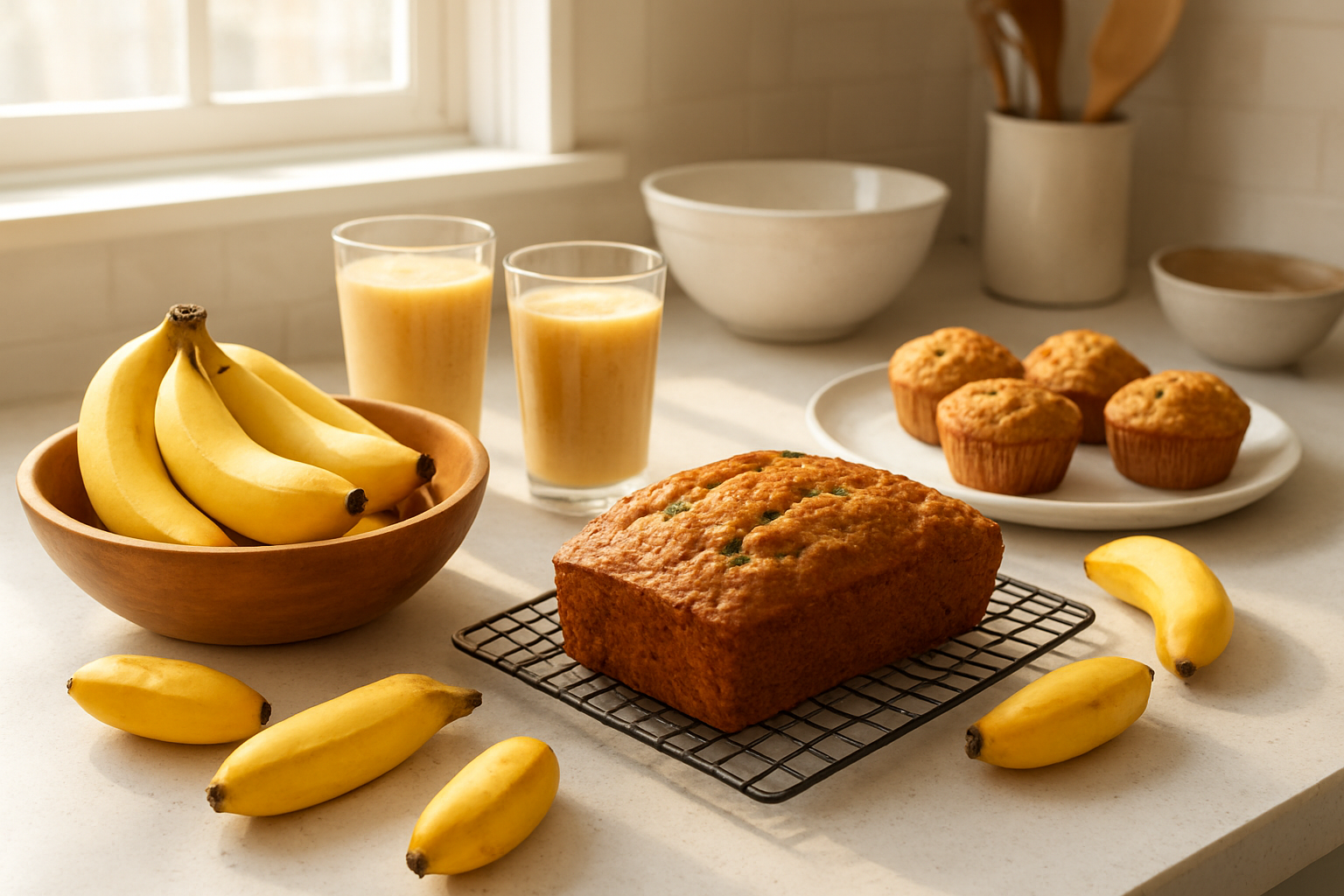 Create a realistic image of a bright, modern kitchen countertop featuring multiple apple banana dishes and ingredients, including fresh apple bananas in a wooden bowl, a freshly baked apple banana bread on a cooling rack, apple banana smoothies in tall glasses, apple banana muffins on a ceramic plate, and scattered apple bananas showing their distinctive short, plump shape and golden-yellow color, with soft natural lighting streaming through a window creating warm shadows, kitchen utensils and mixing bowls visible in the background, creating an inviting culinary atmosphere that showcases the versatility of apple bananas in cooking, absolutely NO text should be in the scene.