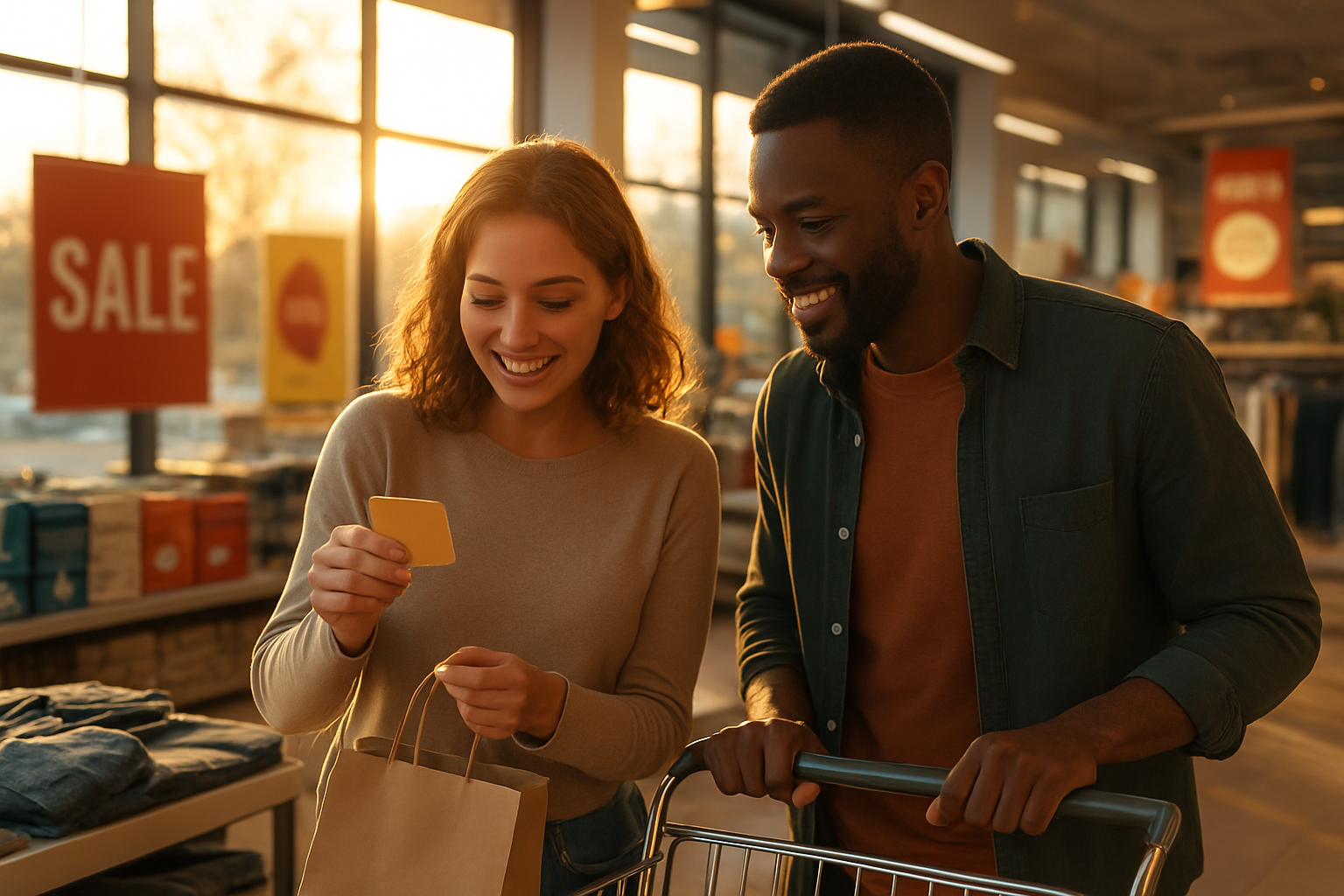 Create a realistic image of a diverse group of shoppers including a white female and black male examining products and price tags in a modern retail store during golden hour lighting streaming through large windows, with shopping carts and bags visible, seasonal sale displays and promotional banners in the background, creating an atmosphere of smart shopping and deal-hunting, warm and inviting mood with soft natural lighting highlighting the excitement of finding great bargains, absolutely NO text should be in the scene.