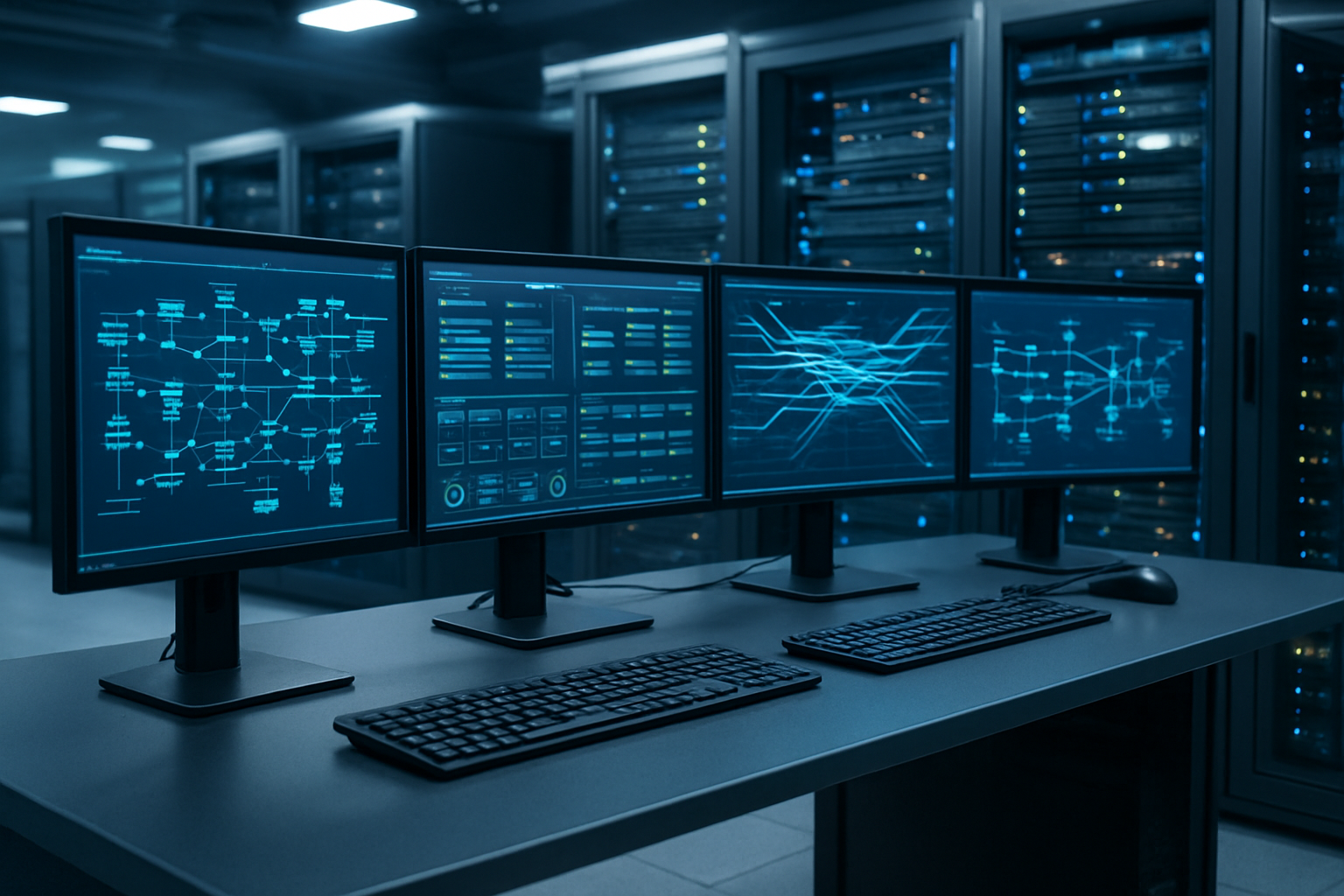 Create a realistic image of a modern network operations center showing a sophisticated computer setup with multiple monitors displaying network architecture diagrams, server status dashboards, and traffic flow visualizations, featuring clean server racks with blinking LED lights in the background, cables neatly organized, and a sleek control desk with keyboards and monitoring equipment, all set in a professional data center environment with cool blue and white lighting creating a high-tech atmosphere, absolutely NO text should be in the scene.