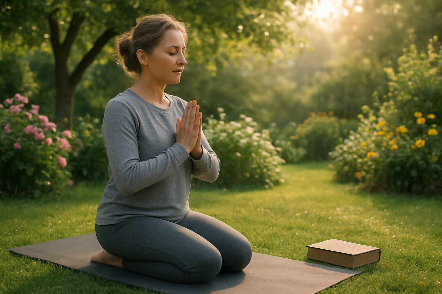 Create a realistic image of a middle-aged white female in comfortable workout attire kneeling in prayer position on a yoga mat in a peaceful outdoor garden setting, with a Bible placed nearby on the grass, surrounded by blooming flowers and soft morning sunlight filtering through trees, conveying a serene atmosphere of combining physical exercise with spiritual meditation, absolutely NO text should be in the scene.