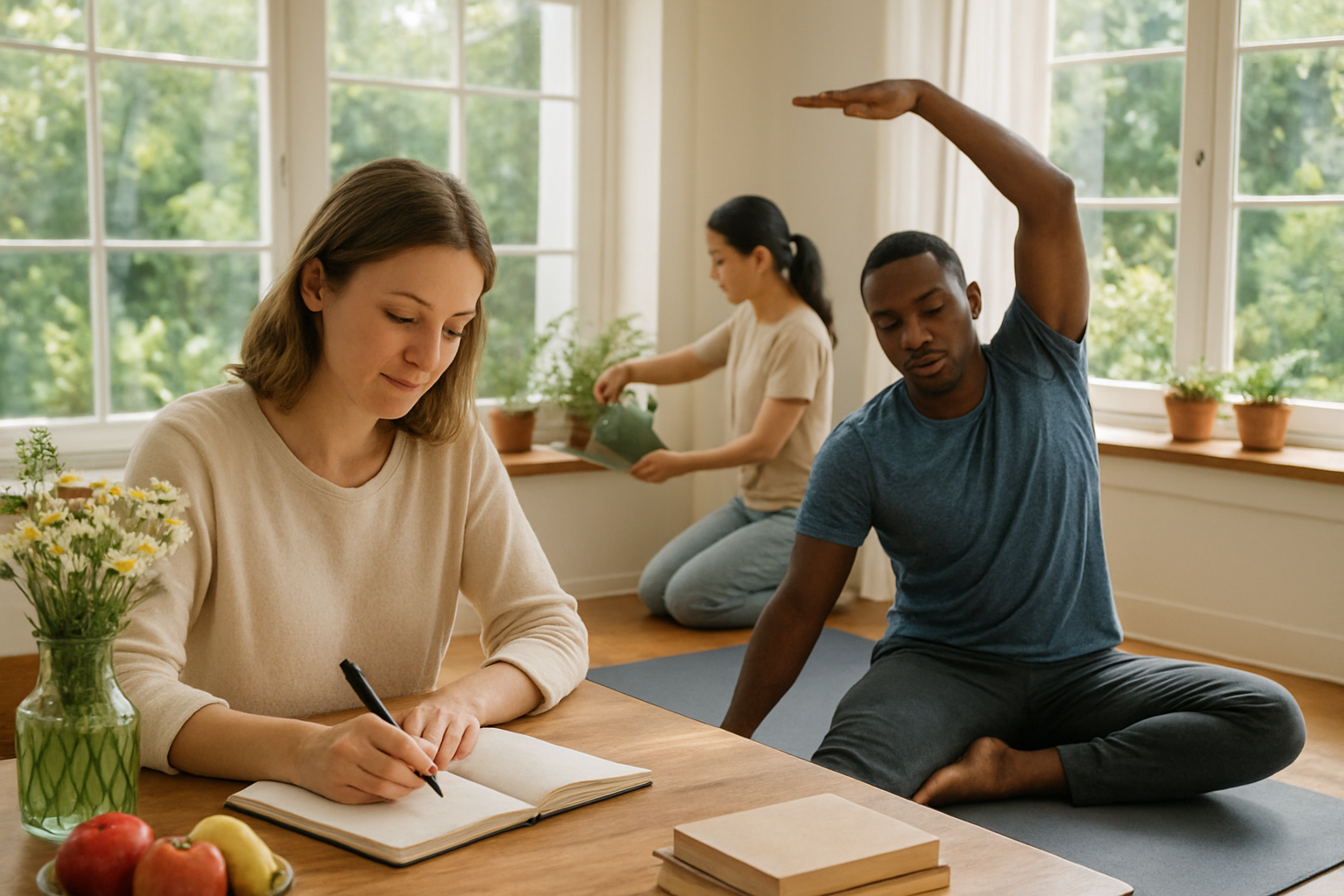 Create a realistic image of a peaceful morning scene with a diverse group of people engaged in healthy daily activities - a white female writing in a gratitude journal at a wooden table, a black male doing gentle stretching exercises on a yoga mat nearby, and an Asian female watering small potted plants on a windowsill, all in a bright, sunlit room with large windows showing a garden view outside, soft natural lighting creating a warm and hopeful atmosphere, with elements like fresh flowers, healthy fruits, and books scattered around the space to symbolize growth and wellness practices, absolutely NO text should be in the scene.