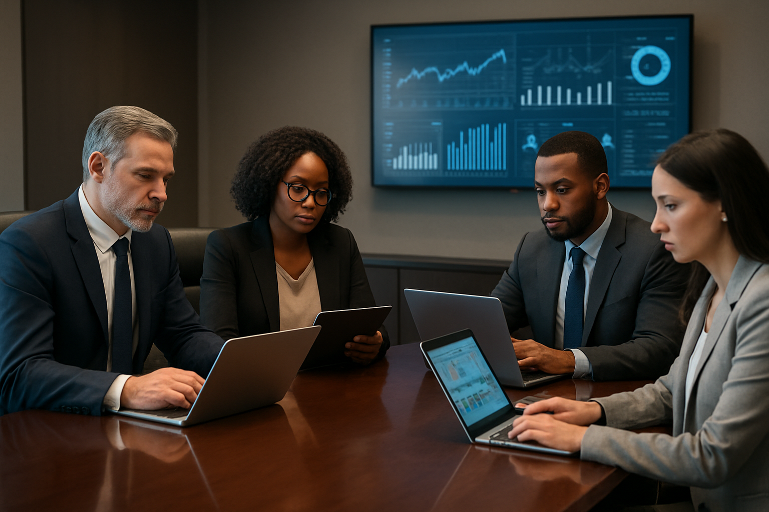 Create a realistic image of a modern corporate boardroom with diverse financial professionals including a white male executive and a black female analyst sitting around a polished conference table, reviewing charts and graphs on laptops and tablets that display risk assessment matrices and compliance dashboards, with a large wall-mounted monitor showing financial data visualizations and AI-powered analytics in the background, professional lighting illuminating the serious yet collaborative atmosphere as they strategize solutions for financial technology challenges, Absolutely NO text should be in the scene.