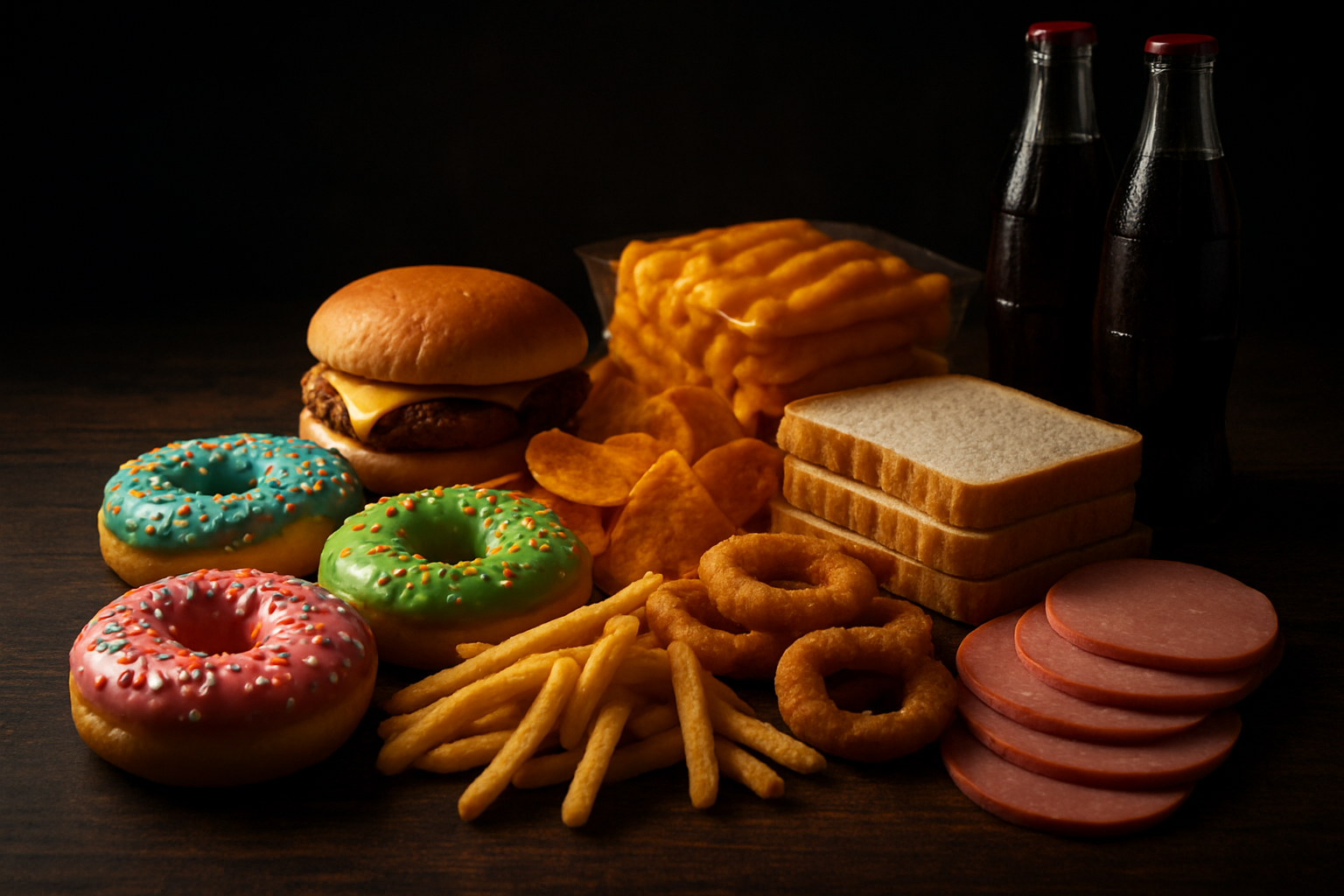 Create a realistic image of processed junk foods and unhealthy items arranged on a dark wooden table, including sugary donuts with colorful glazing, fried fast food items, packaged snacks with artificial colors, carbonated soft drinks in glass bottles, refined white bread slices, and processed meats, all appearing fresh but representing foods that accelerate aging, with dramatic side lighting casting shadows to create a warning mood about unhealthy dietary choices, shot from a slightly elevated angle with a blurred dark background, absolutely NO text should be in the scene.