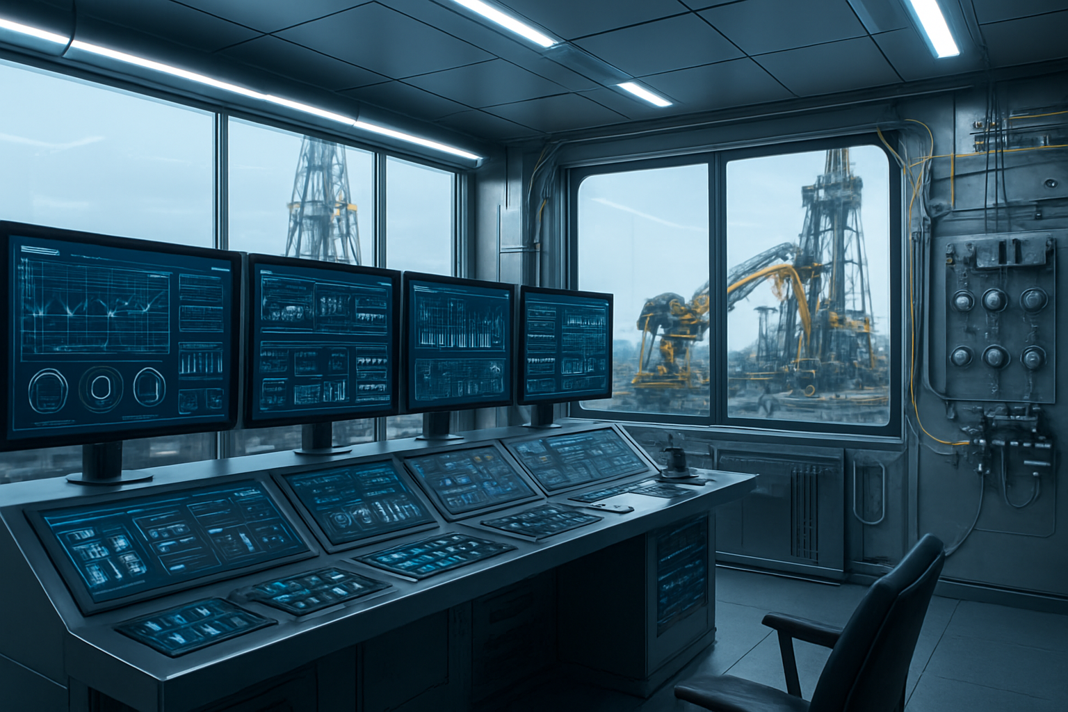 Create a realistic image of a modern onshore drilling rig control room featuring advanced digital monitoring systems with multiple large screens displaying real-time data analytics, automated control panels with touch interfaces, robotic drilling equipment visible through large windows, fiber optic cables and sensors integrated throughout the facility, sleek metallic surfaces reflecting LED lighting, industrial computers and servers, automated valve systems, and high-tech instrumentation panels in a clean, well-lit environment with bright fluorescent lighting creating a professional technological atmosphere, absolutely NO text should be in the scene.