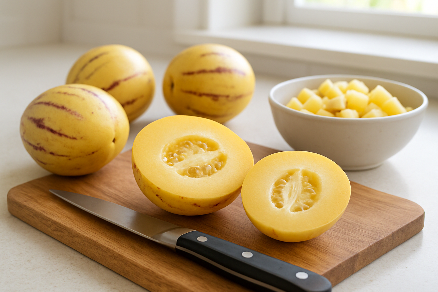 Create a realistic image of fresh pepino melons arranged on a wooden cutting board with one pepino cut in half showing its pale yellow flesh and small seeds, alongside a sharp kitchen knife, a bowl of diced pepino pieces, and some whole pepinos in the background, set in a bright modern kitchen with natural lighting from a window, soft shadows on a clean countertop surface, displaying the fruit's smooth purple-striped yellow skin and creamy interior texture for culinary preparation, absolutely NO text should be in the scene.