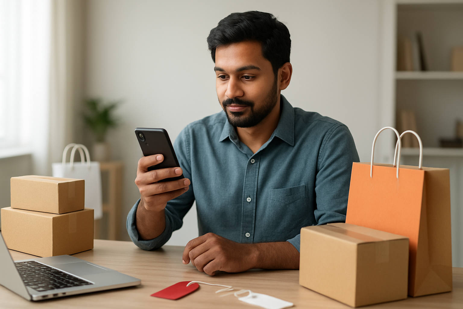 Create a realistic image of an Indian male sitting at a modern desk with a smartphone and laptop, surrounded by product packages, shipping boxes, and e-commerce related items like price tags and shopping bags, with a clean modern office background featuring soft natural lighting from a window, showing the concept of online reselling and commission-based earning through mobile apps, Absolutely NO text should be in the scene.