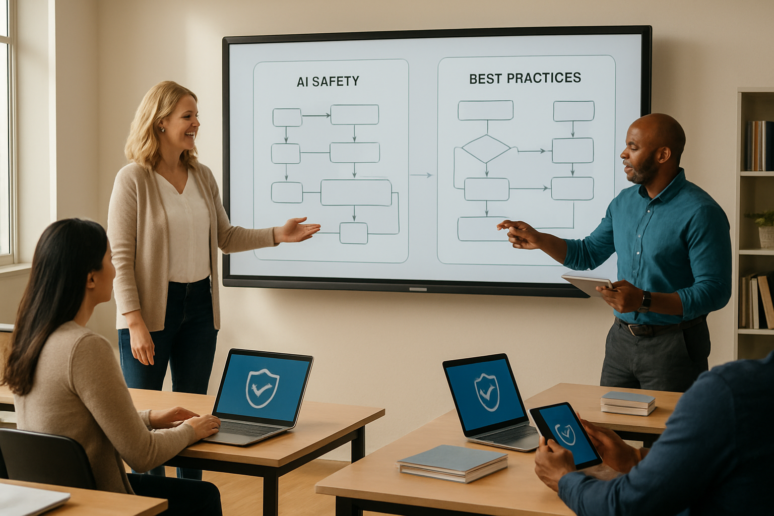 Create a realistic image of a modern classroom setting with a diverse group of educators including a white female teacher and a black male instructor collaborating around a large interactive whiteboard displaying AI safety guidelines and best practices flowcharts, with laptops and tablets on desks showing educational AI interfaces, protective shield icons and checkmark symbols visible on screens, warm natural lighting from large windows, contemporary furniture, and a professional yet welcoming atmosphere that conveys responsible technology integration, with safety manuals and digital devices arranged thoughtfully throughout the space, absolutely NO text should be in the scene.
