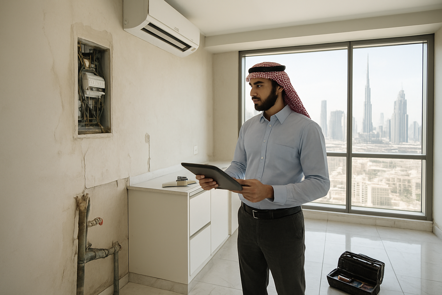 Create a realistic image of a modern luxury apartment interior in UAE showing a professional Middle Eastern male inspector in business casual attire holding a clipboard and digital tablet, examining various apartment elements including exposed electrical panels, visible plumbing fixtures, air conditioning units, and wall finishes, with subtle signs of construction defects like minor cracks, uneven surfaces, and incomplete installations, bright natural lighting streaming through large windows revealing Dubai cityscape, clean contemporary setting with marble floors and modern fixtures, inspection tools and equipment visible on surfaces, conveying a thorough property evaluation atmosphere, absolutely NO text should be in the scene.