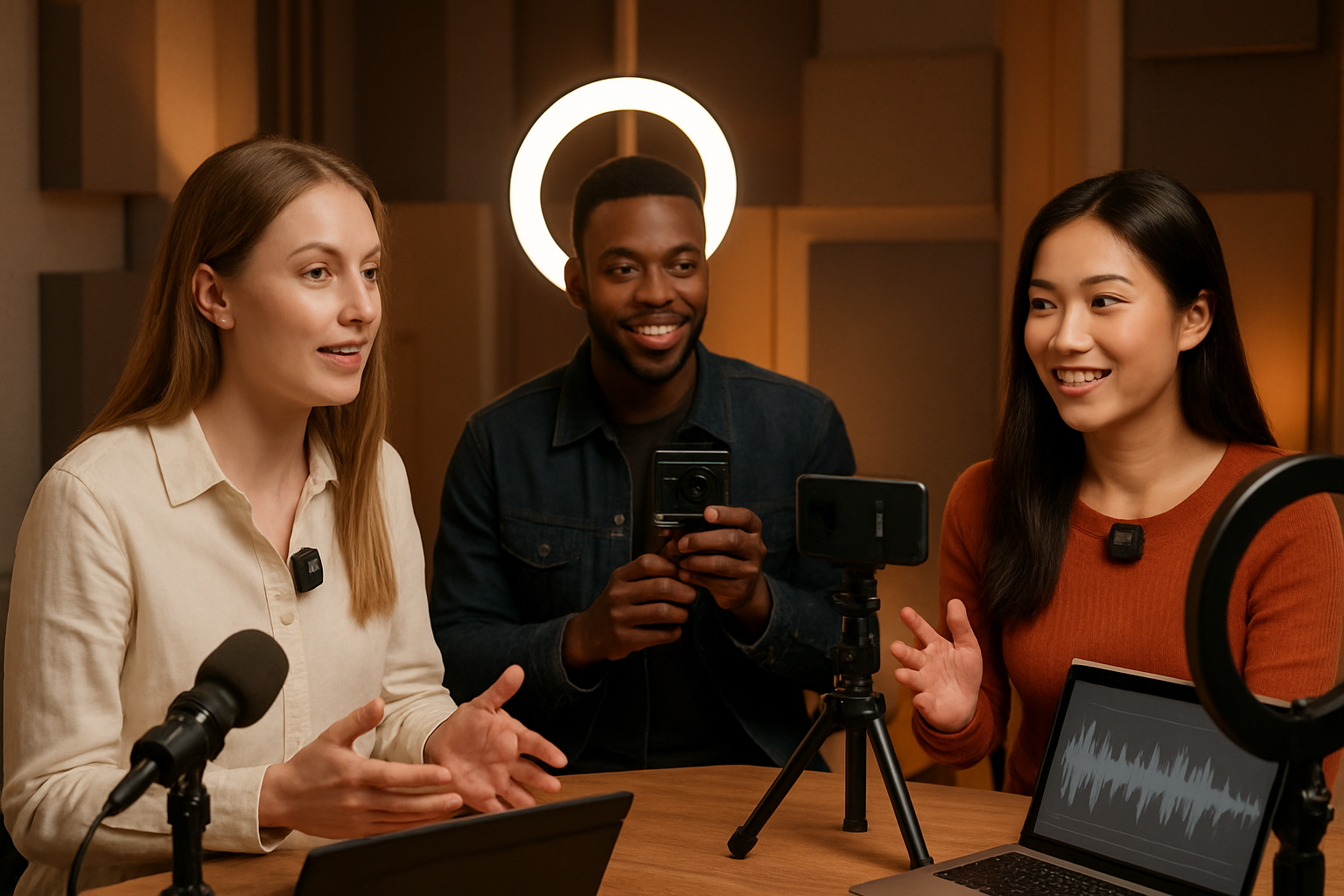 Best Wireless Mini Microphone. Create a realistic image of a diverse group of content creators in a modern studio setting, featuring a white female podcaster speaking into a wireless mini microphone clipped to her shirt, a black male YouTuber recording a video with a small wireless mic attached to his jacket, and an Asian female influencer live streaming with a compact wireless microphone system, all surrounded by professional recording equipment, ring lights, cameras, and laptops displaying audio waveforms, with warm studio lighting and a contemporary background with acoustic panels, absolutely NO text should be in the scene.