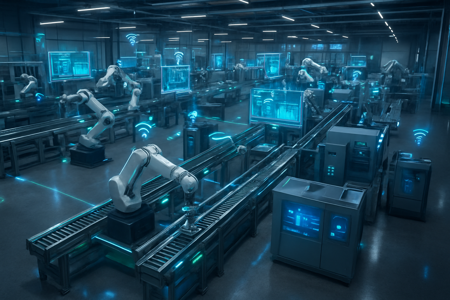 Create a realistic image of a modern smart manufacturing facility with interconnected robotic assembly lines, automated conveyor systems with sensors and LED indicators, industrial IoT devices mounted on machinery, holographic data displays floating above equipment showing real-time production metrics, seamless integration of AI-powered robots working alongside automated systems, gleaming metallic surfaces with blue and green accent lighting indicating active connectivity, clean industrial environment with polished concrete floors, overhead view capturing the synchronized flow of production with visible wireless connection symbols and data streams between machines, bright LED lighting creating a high-tech atmosphere, absolutely NO text should be in the scene.
