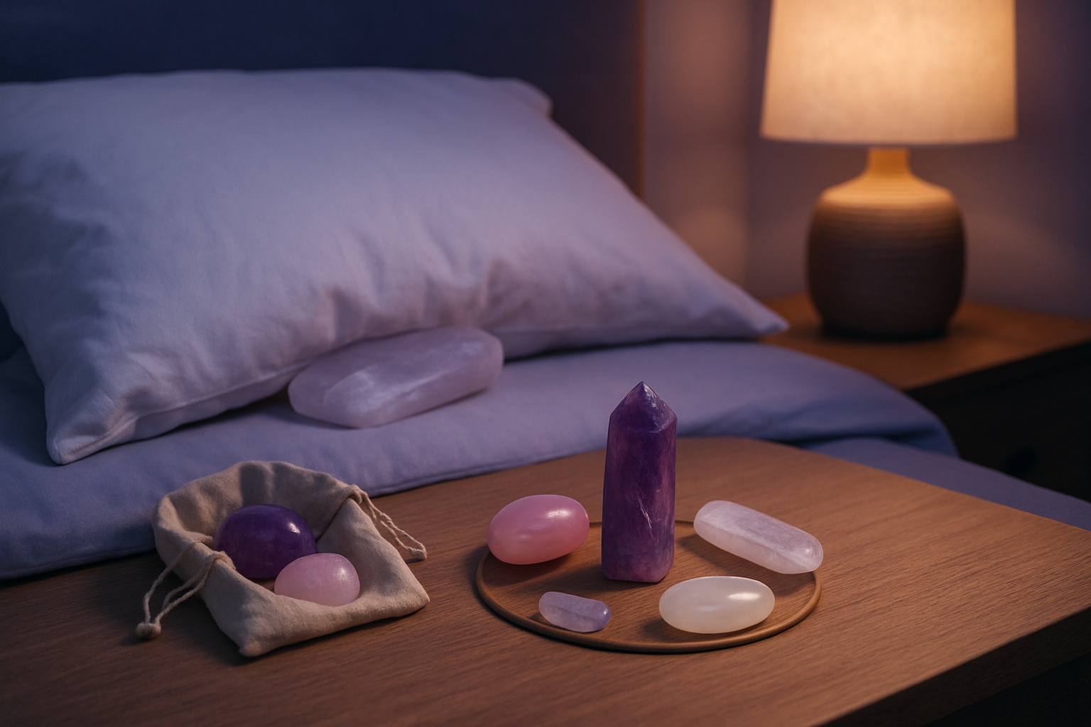 Create a realistic image of various healing crystals arranged in different practical configurations for sleep enhancement, showing amethyst, rose quartz, and selenite stones placed on a bedside table, some crystals positioned under a pillow, others arranged in a small circle on a wooden surface, and a few stones placed in a small fabric pouch, all set in a serene bedroom environment with soft, warm ambient lighting from a bedside lamp, creating a peaceful nighttime atmosphere with muted purple and blue tones, absolutely NO text should be in the scene.