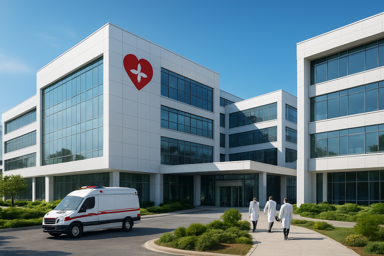 Create a realistic image of a modern hospital exterior with multiple prominent medical center buildings featuring contemporary architecture, glass facades, and clean white surfaces, with a subtle heart-shaped medical symbol or cardiac care signage visible on one of the buildings, surrounded by well-maintained landscaping, clear blue sky, and professional lighting that conveys excellence in healthcare, with an ambulance parked near the entrance and a few medical professionals in white coats walking purposefully in the distance, absolutely NO text should be in the scene.