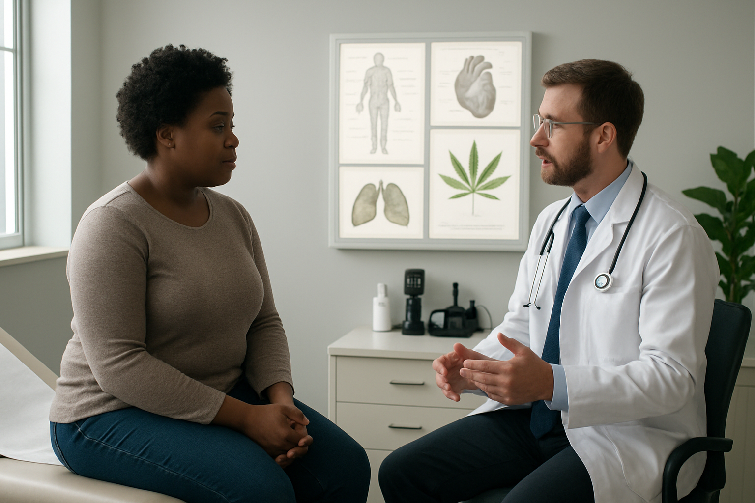 Create a realistic image of a modern medical consultation room with a diverse group including a white male doctor in a lab coat discussing treatment options with a black female patient sitting on an examination table, medical charts and cannabis leaf diagrams visible on a wall-mounted lightbox, stethoscope and medical equipment on a clean white counter, soft natural lighting from a window, professional healthcare atmosphere with green plant accents, absolutely NO text should be in the scene.