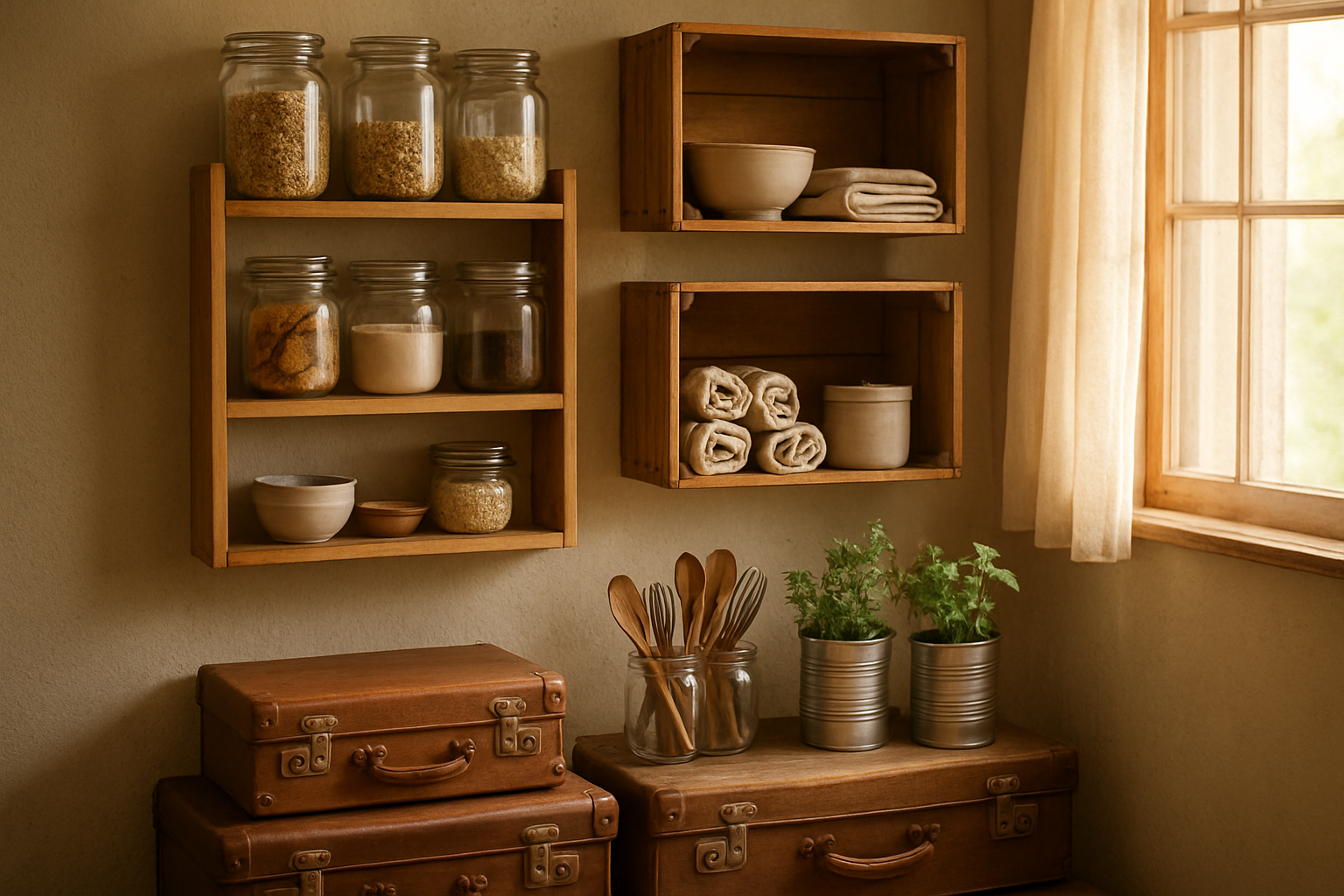 Create a realistic image of a well-organized home interior showing creative repurposing and maximizing of existing household items, featuring glass jars being used as storage containers on open shelves, old wooden crates converted into wall storage, vintage suitcases stacked as a side table, mason jars holding kitchen utensils, repurposed tin cans as planters with small herbs, and various household items given new life through creative organization, with warm natural lighting streaming through a window, creating a cozy and resourceful atmosphere that demonstrates making the most of what you already have, absolutely NO text should be in the scene.