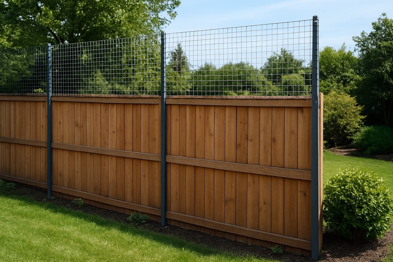 Create a realistic image of a residential wooden fence with wire mesh extensions installed above the existing fence panels, showing the mesh securely attached to metal posts that extend upward from the original fence line, set in a typical backyard with green grass and some landscaping visible in the background, captured in natural daylight with clear visibility of how the wire extension adds height to the original fence structure, absolutely NO text should be in the scene.