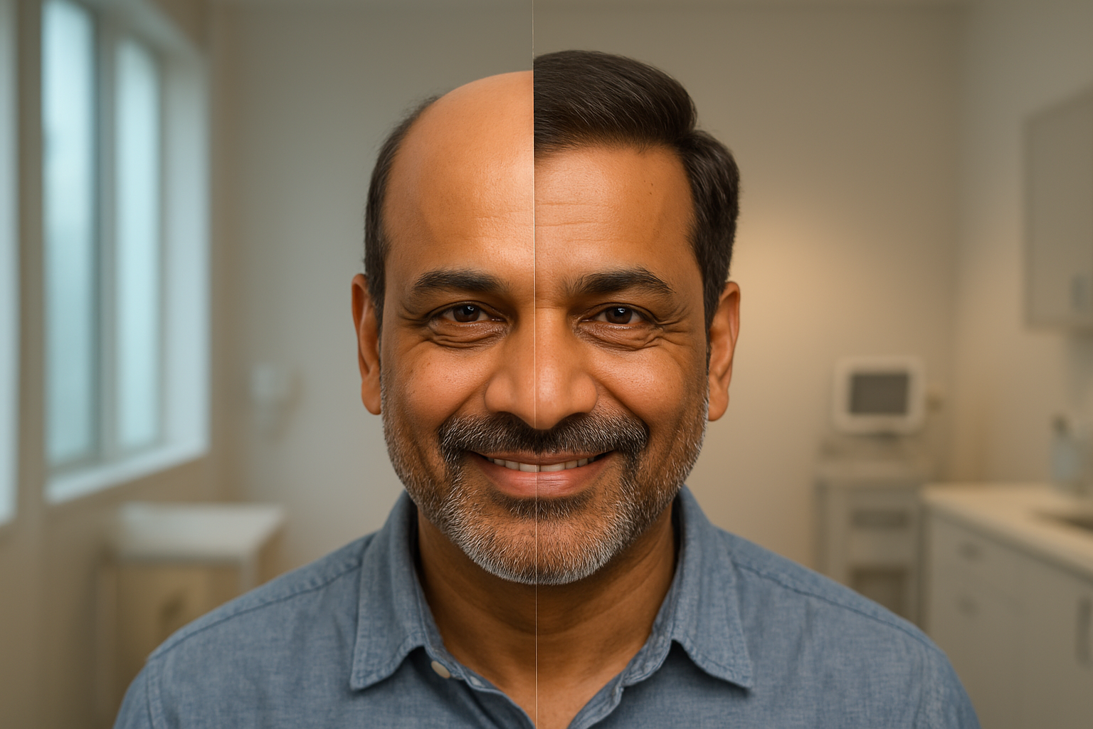 Create a realistic image of a middle-aged Indian male patient showing a dramatic hair transformation, with a split comparison showing his balding scalp on one side and his new fuller hairline with transplanted hair on the other side, standing in a modern medical clinic setting with soft natural lighting from large windows, wearing a casual shirt with a confident smile, surrounded by subtle medical equipment and clean white walls, with warm professional lighting that highlights the before and after results clearly, absolutely NO text should be in the scene.